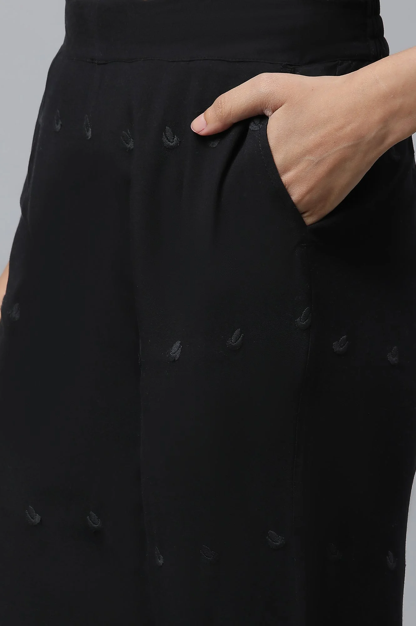 Black Schiffli Embroidered Straight Fit Woven Palazzo With Elasticated Waist - Image 7