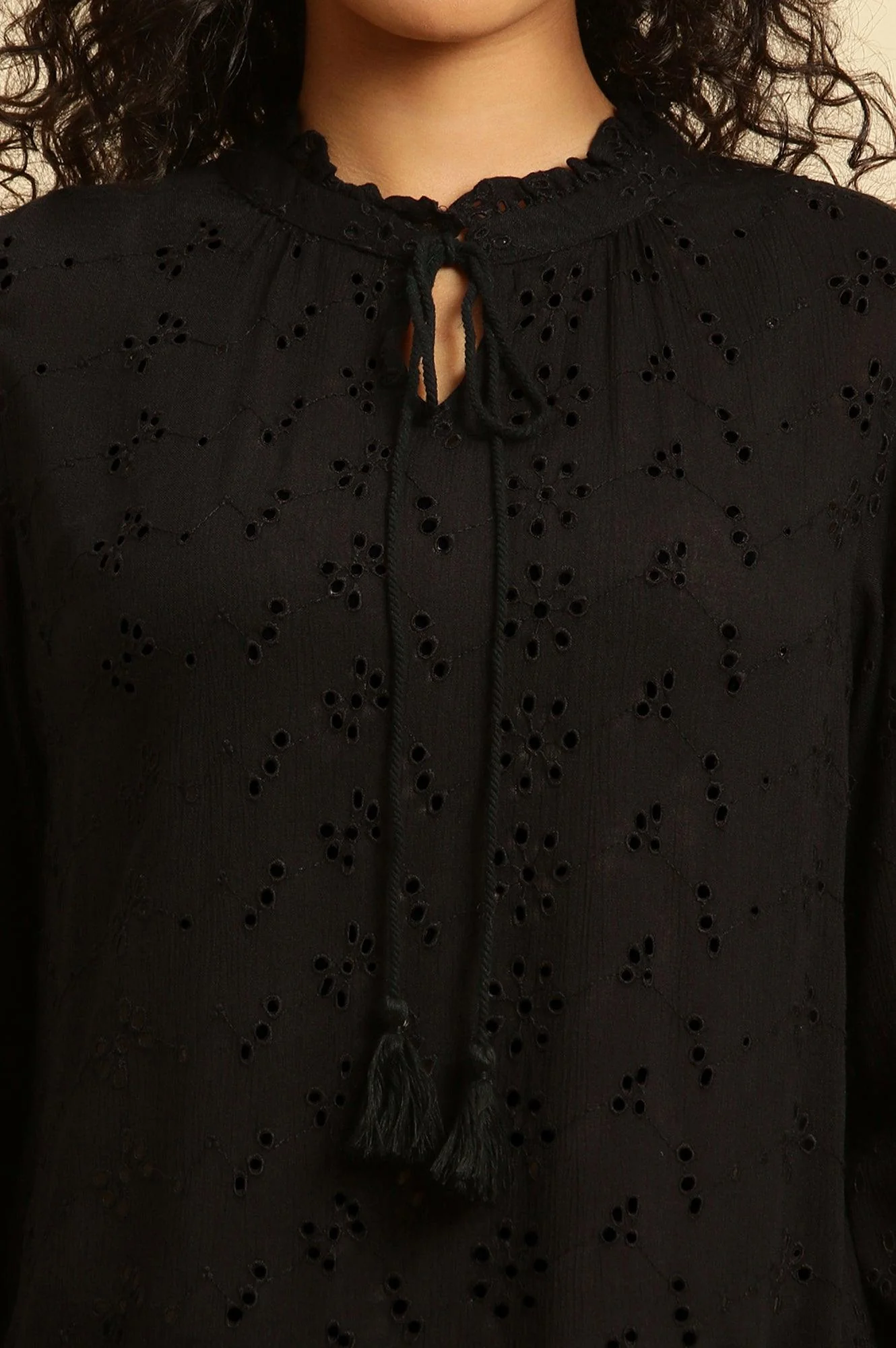 Black Schiffli Western Top With Neck Tie Up - Image 7