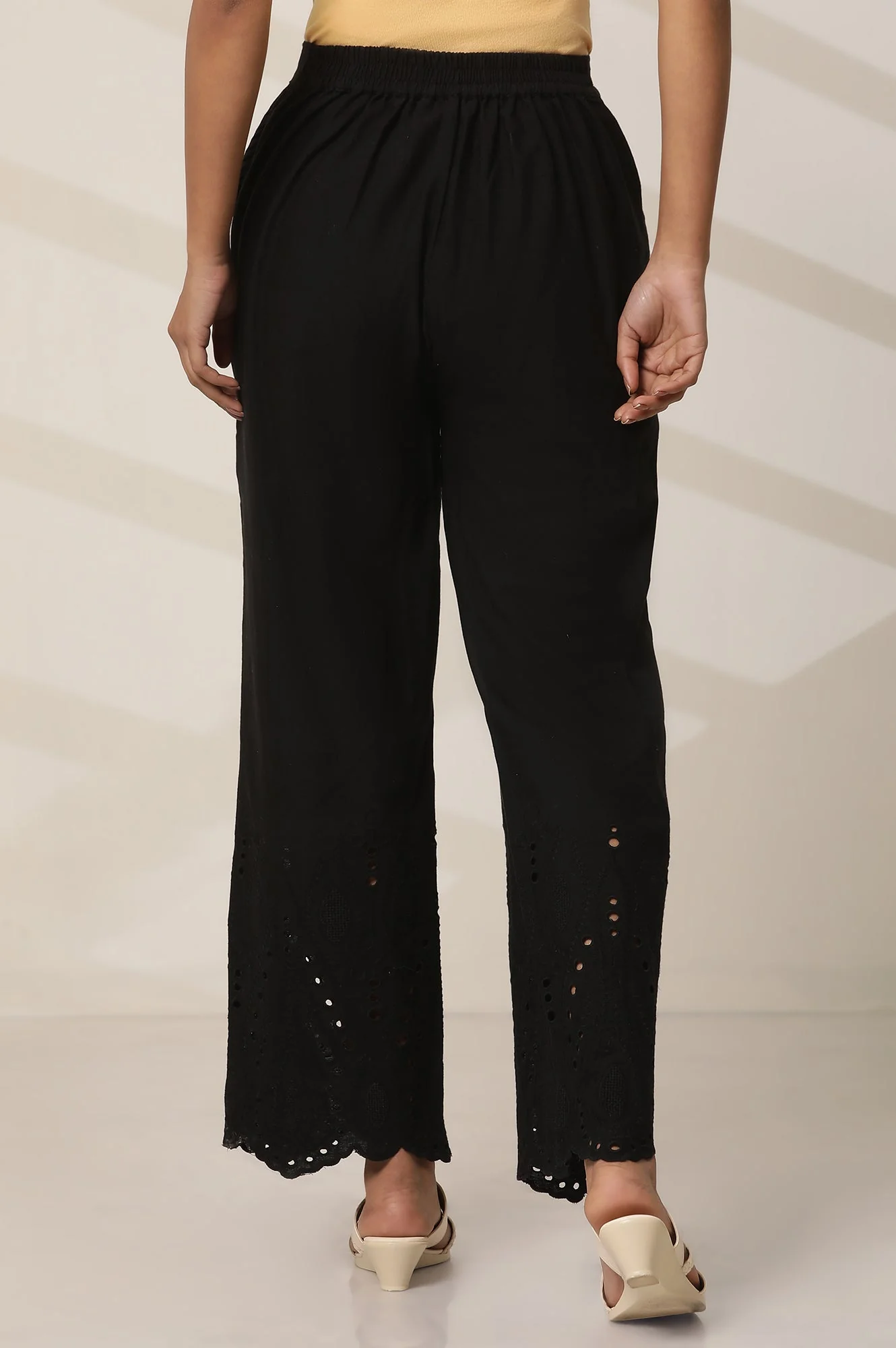 Black Embroidered Semi Flared Cotton Palazzo With Side Pockets - Image 3