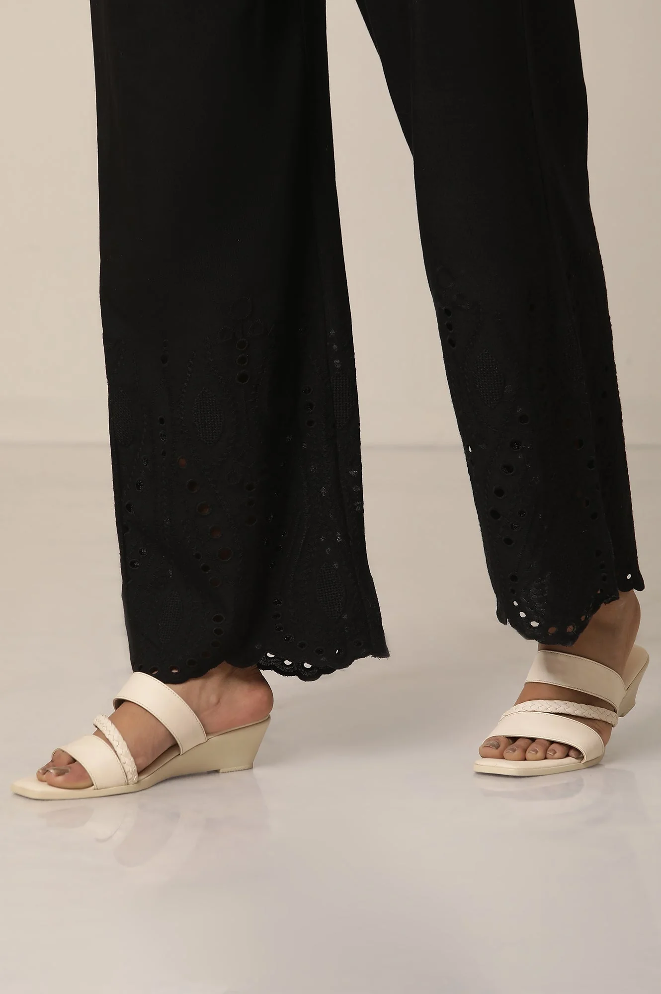 Black Embroidered Semi Flared Cotton Palazzo With Side Pockets - Image 8