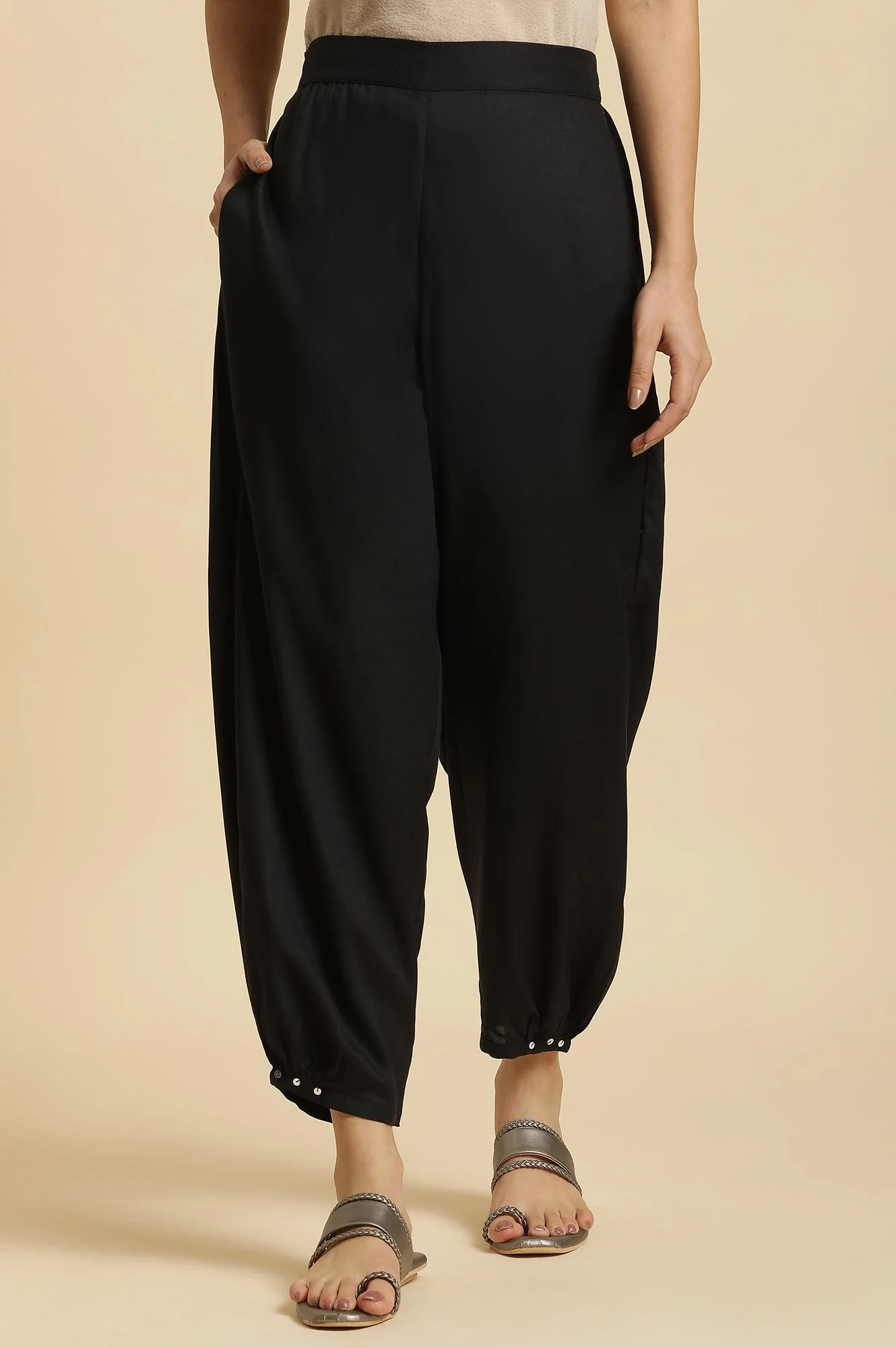Black Side Gather Rayon Pants with Sequin Details - Image 2
