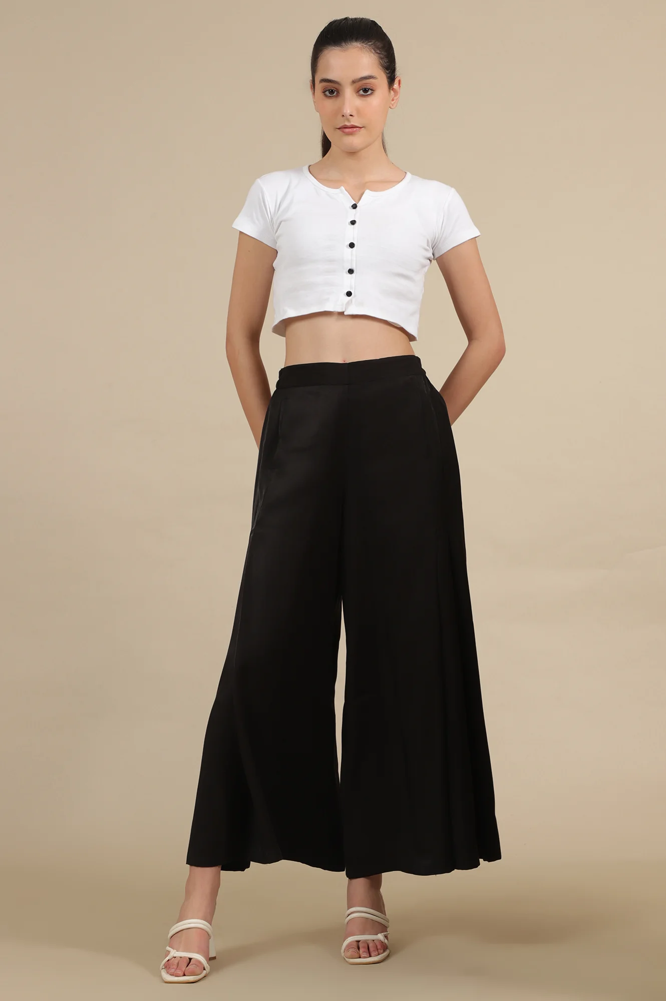 Black Solid Flared Rayon Palazzo With Pleated Detail - Image 5