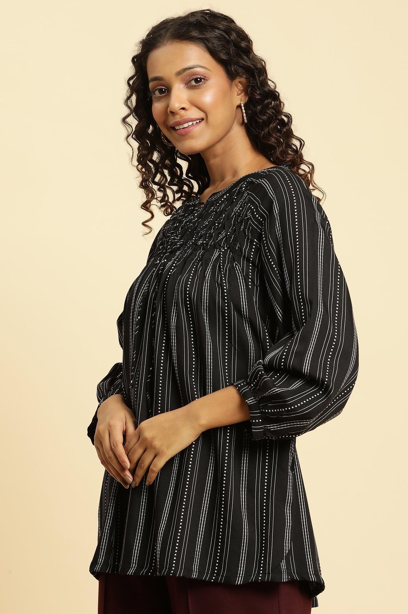 Black Smocked Stripe Western Top - Image 2