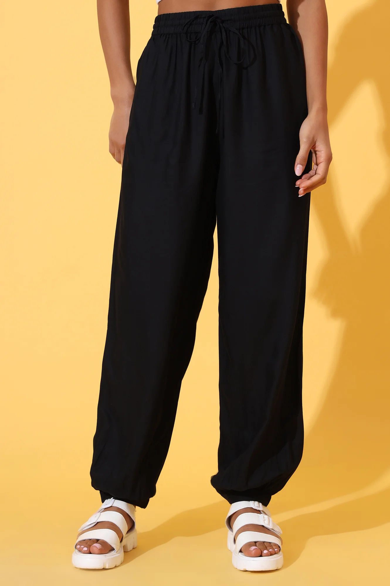 Black Solid Ankle Length Rayon Harem Pants - Image 2