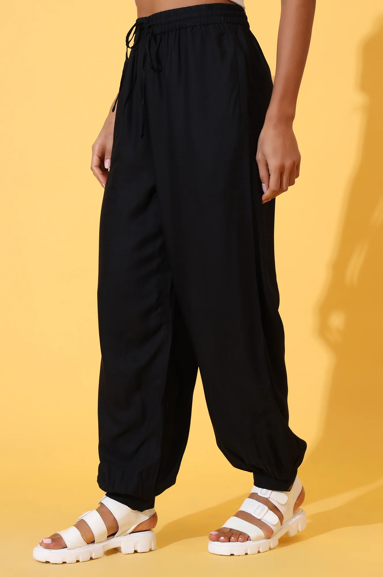 Black Solid Ankle Length Rayon Harem Pants - Image 3