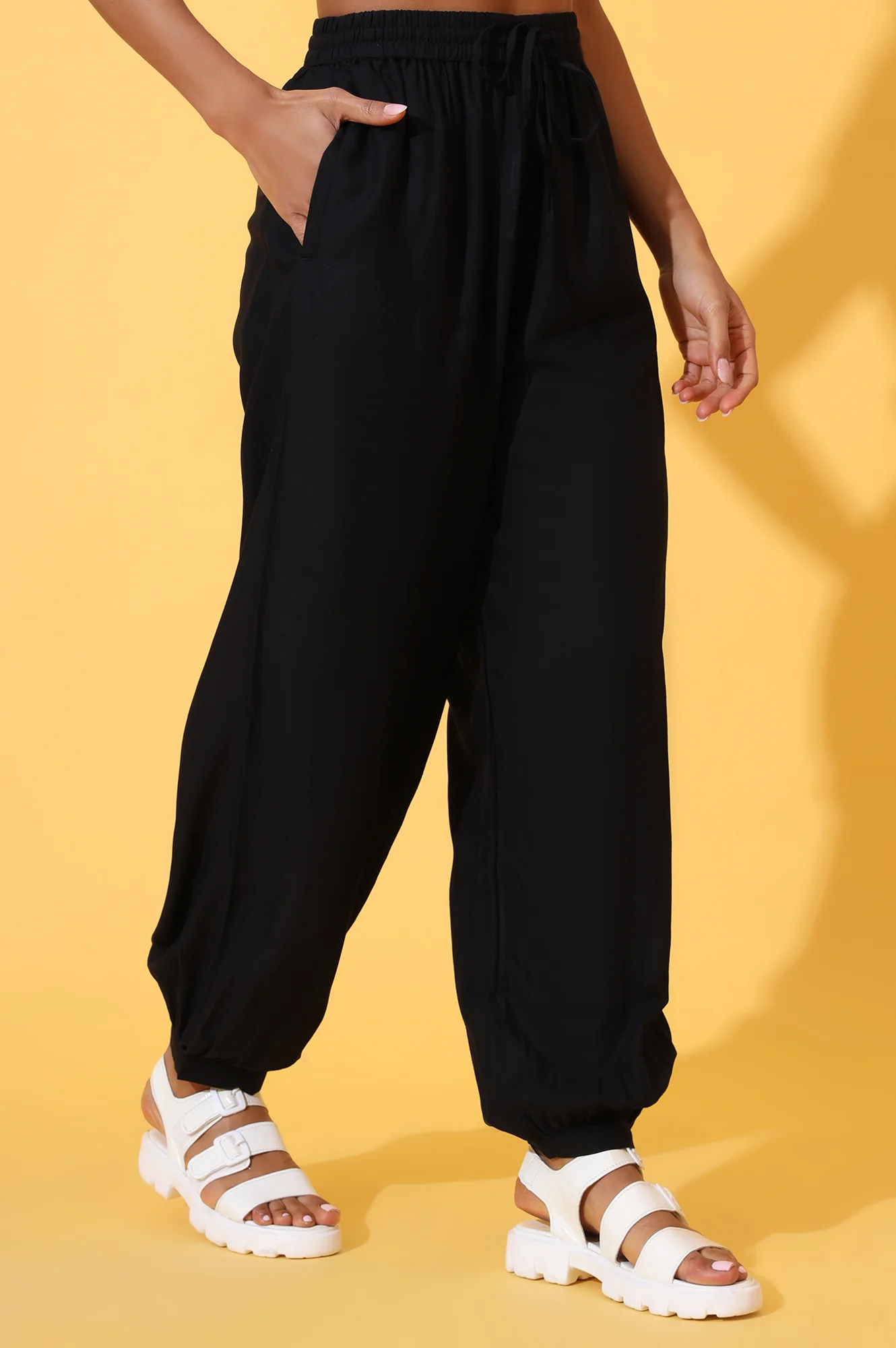 Black Solid Ankle Length Rayon Harem Pants - Image 5