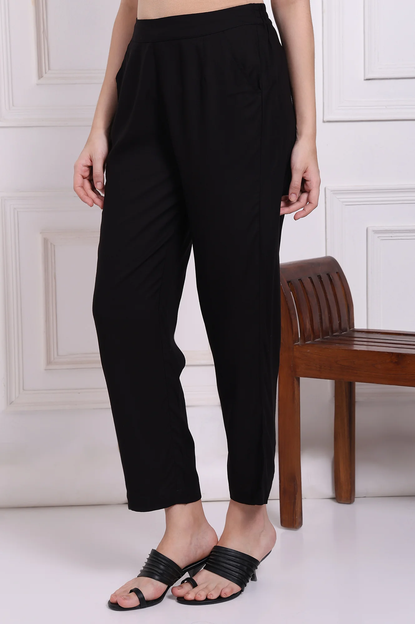 Black Solid Ankle Length Rayon Straight Pants - Image 2