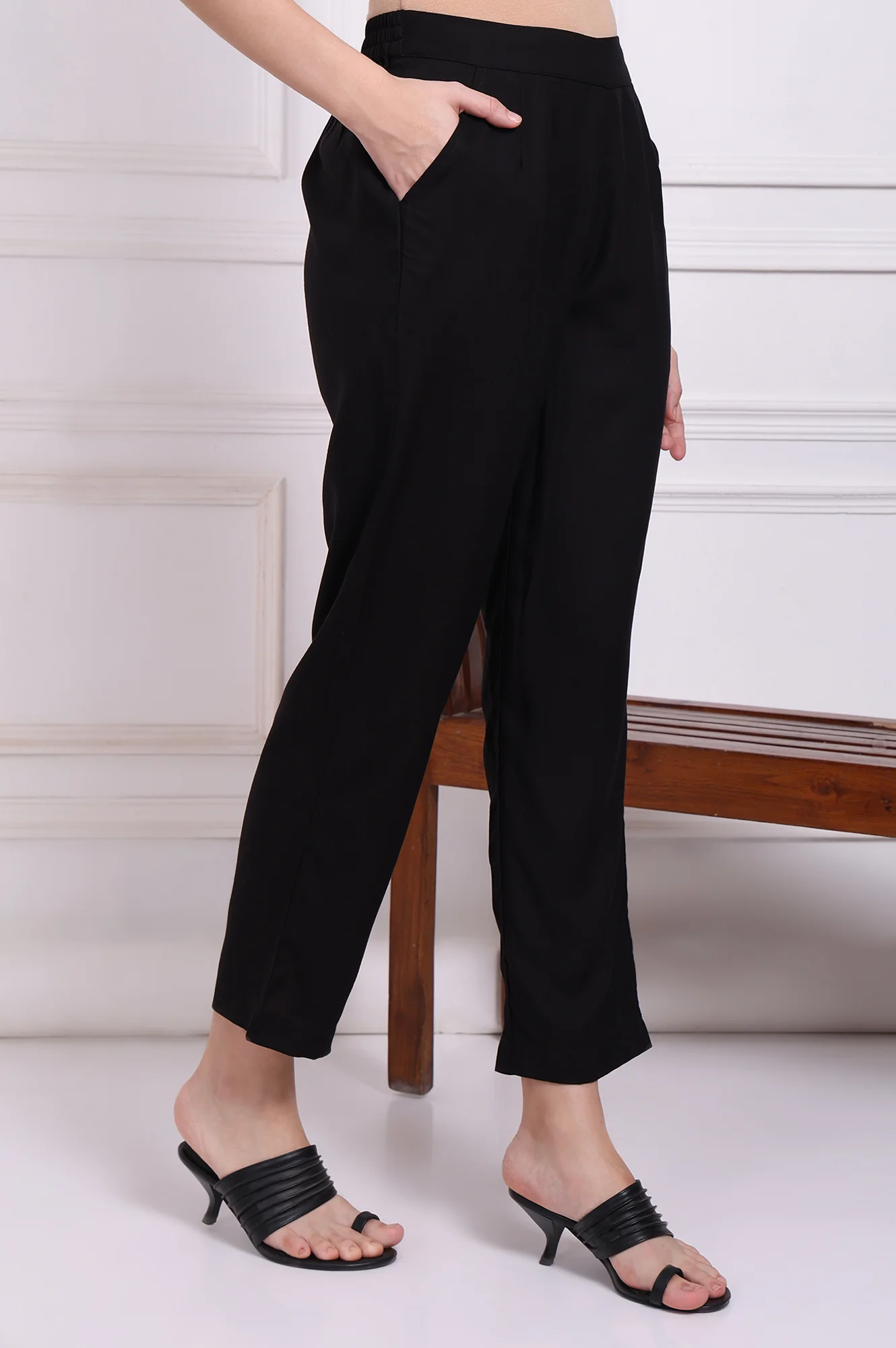 Black Solid Ankle Length Rayon Straight Pants - Image 3