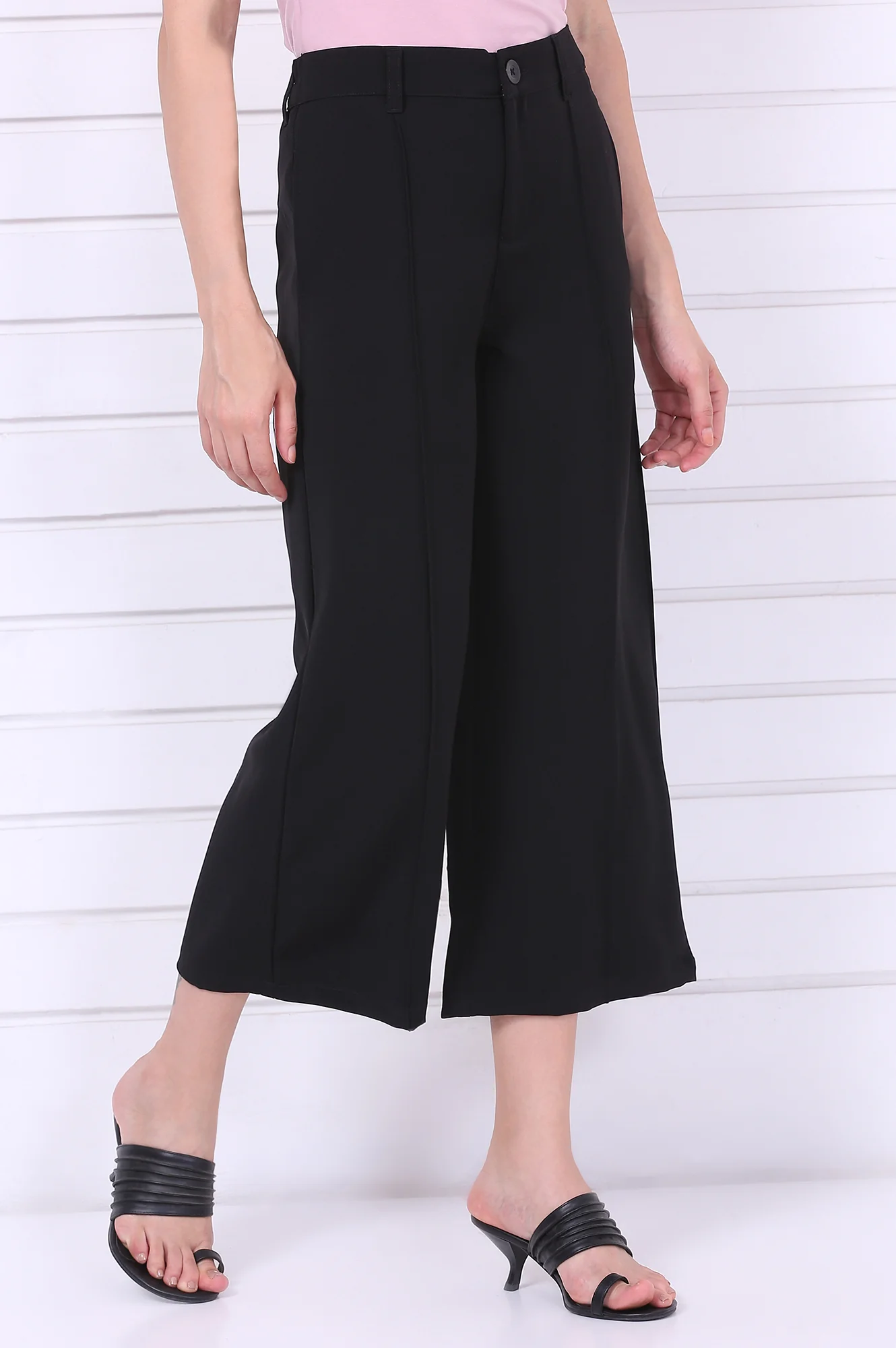 Black Solid Calf Length Culottes with YKK Zipper - Image 5