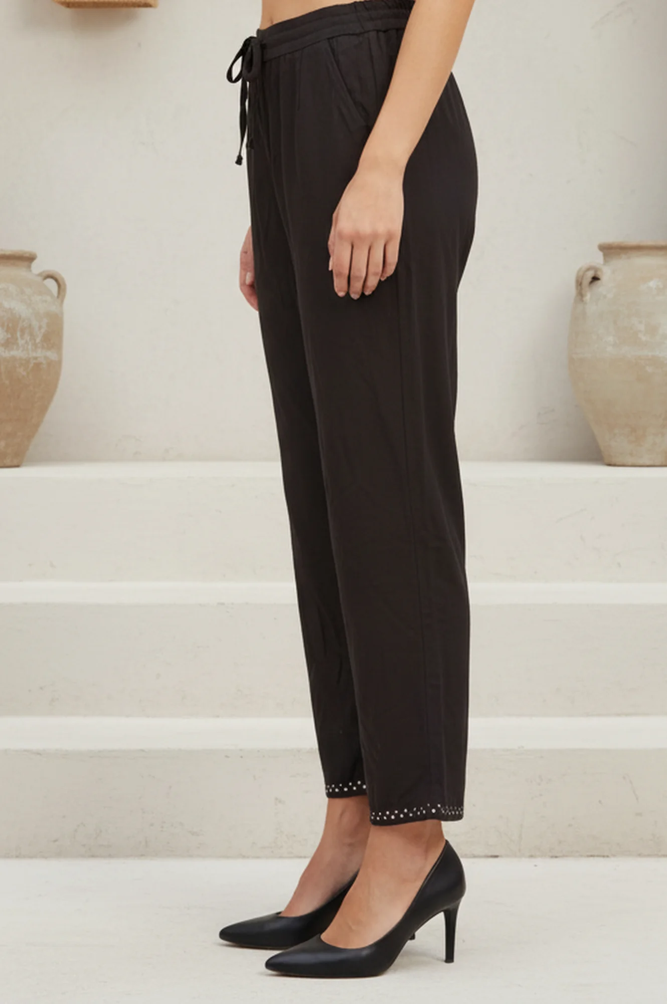 Black Solid Cotton Blend Ankle Length Mid Rise Straight Pants - Image 2