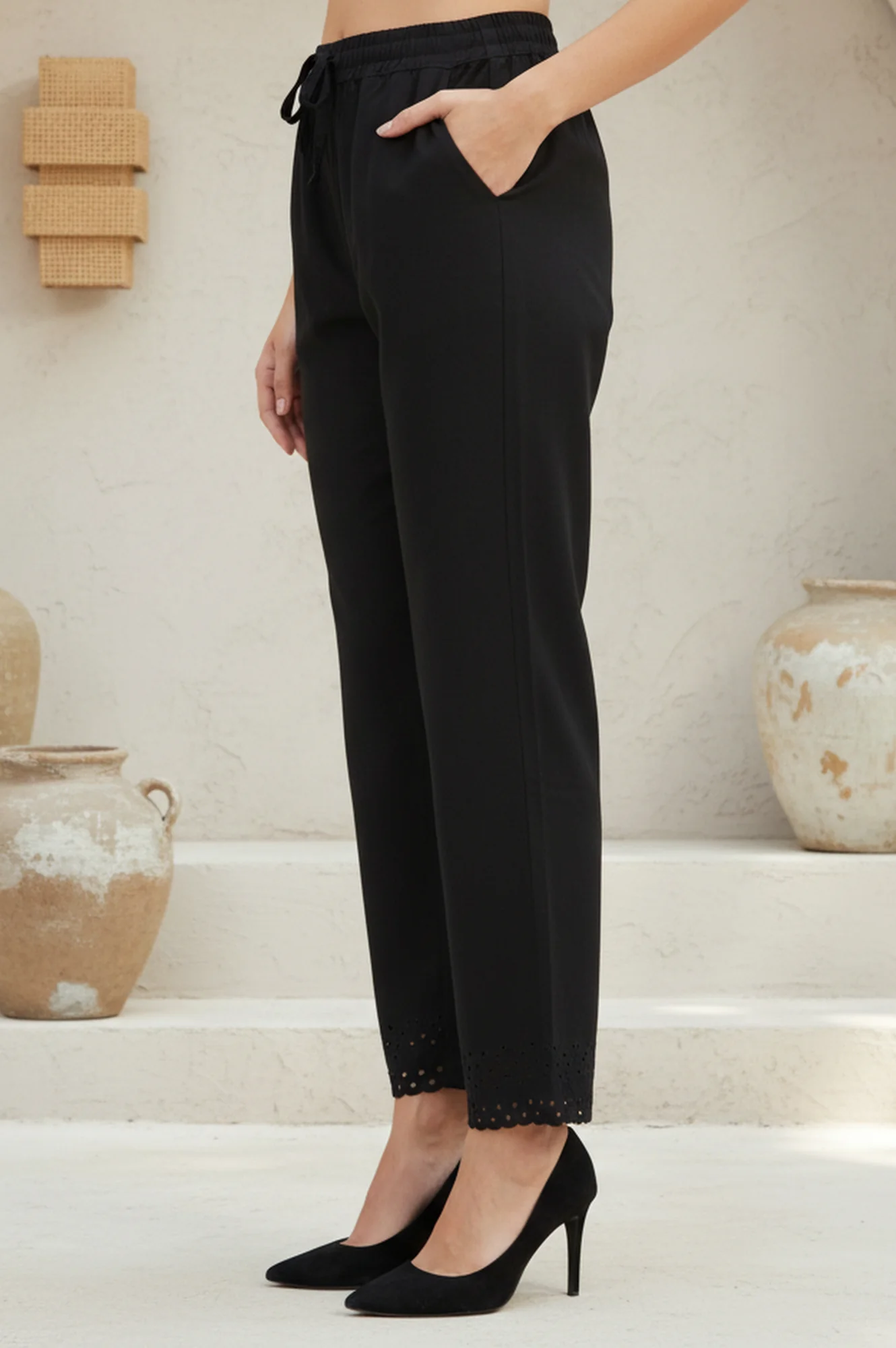 Black Solid Cotton Blend Ankle Length Mid Rise Straight Pants - Image 4