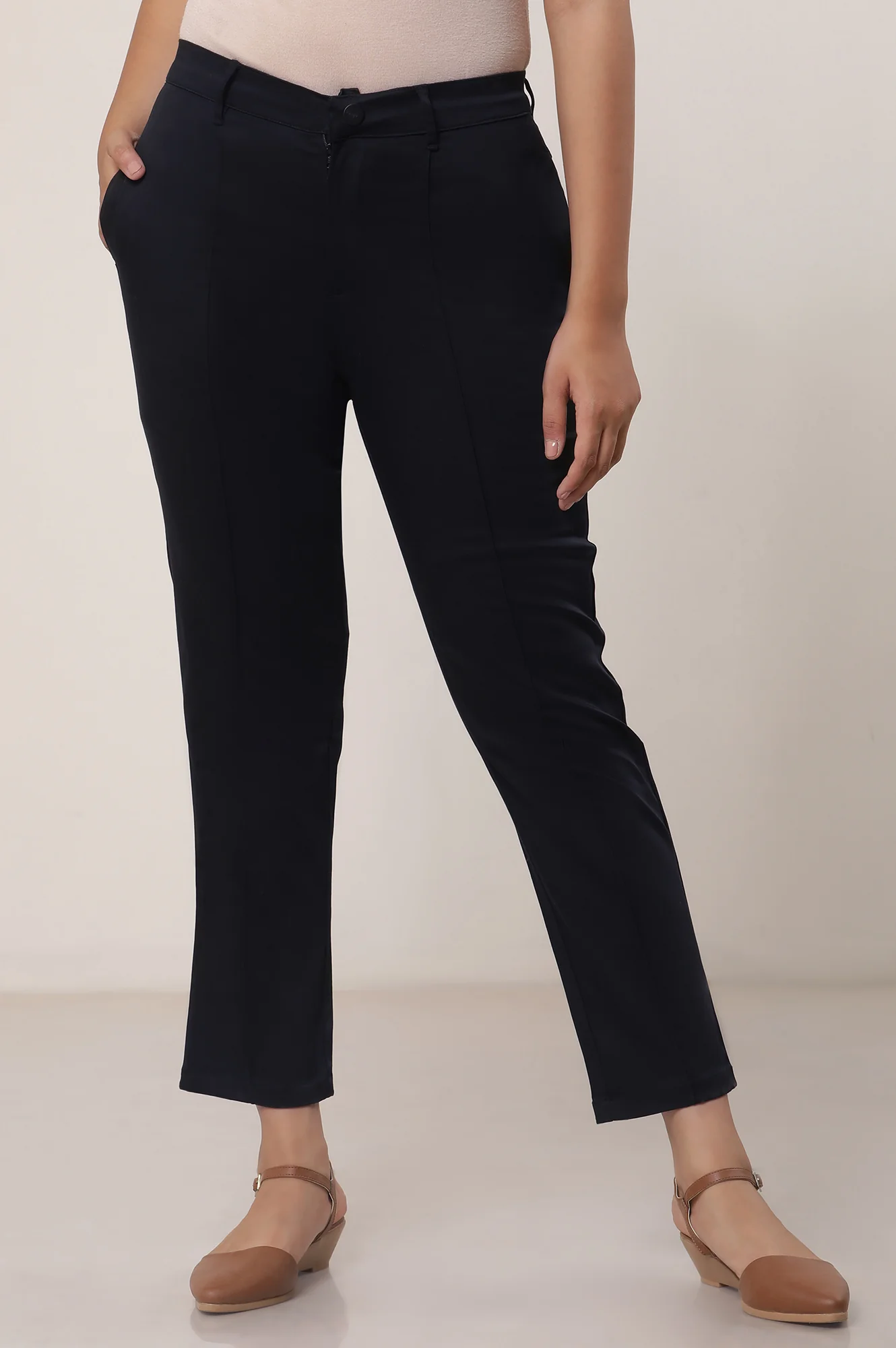 Black Solid Straight Fit Cotton Pants With Button And Zip Closure - Image 2