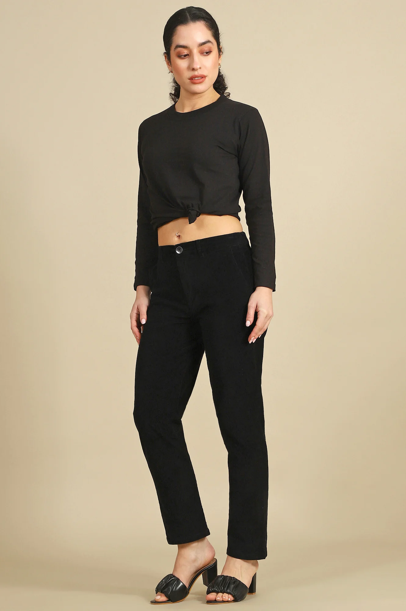 Black Solid Straight Fit Cotton Pants with YKK Zipper