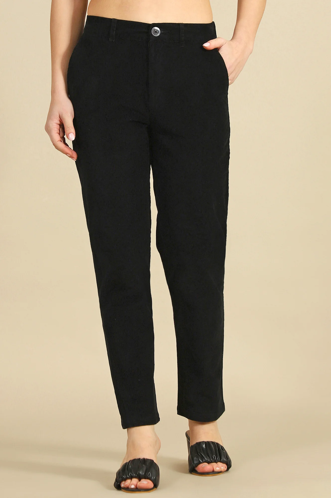 Black Solid Straight Fit Cotton Pants with YKK Zipper - Image 2