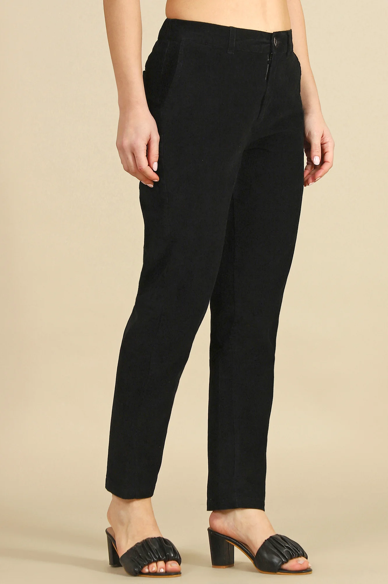 Black Solid Straight Fit Cotton Pants with YKK Zipper - Image 6