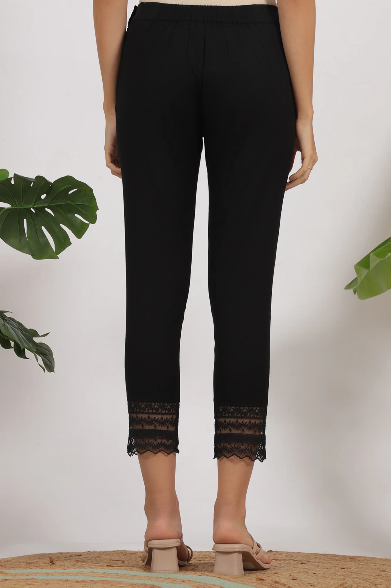 Black Solid Cotton Flax Slim Pants with Lace - Image 4