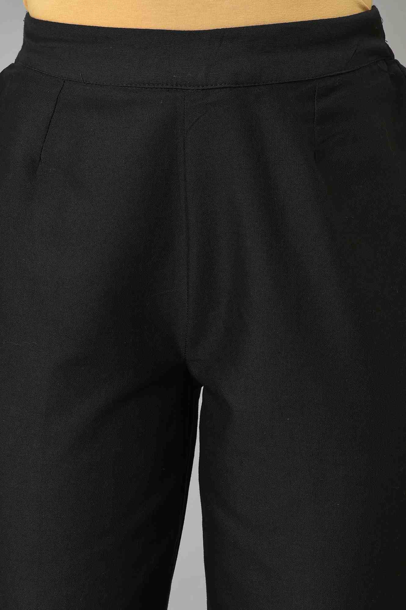 Black Solid Embroidered Straight Cotton Slim Pant - Image 6