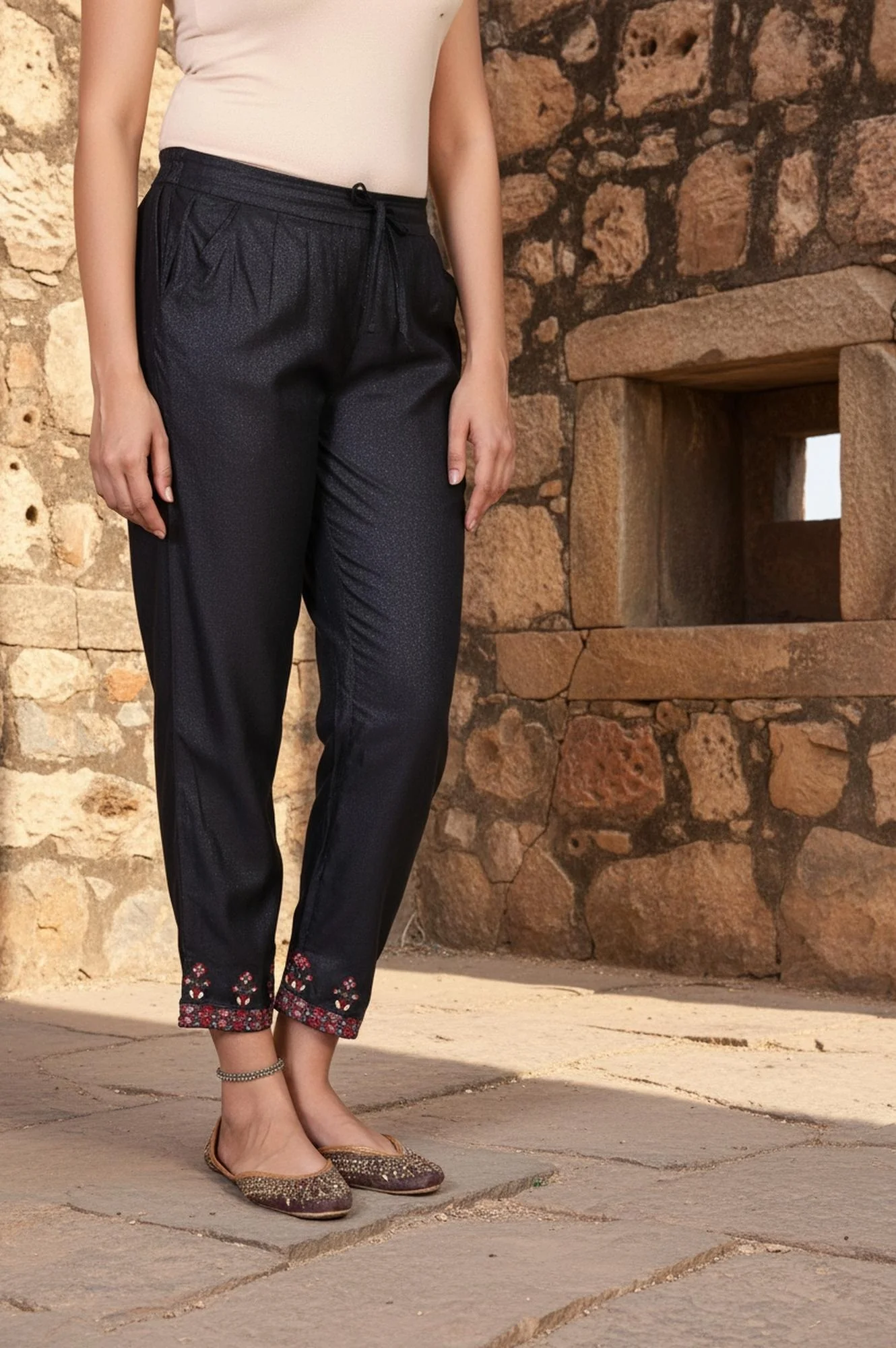 Black Solid Embroidered Straight Silk Pant - Image 3
