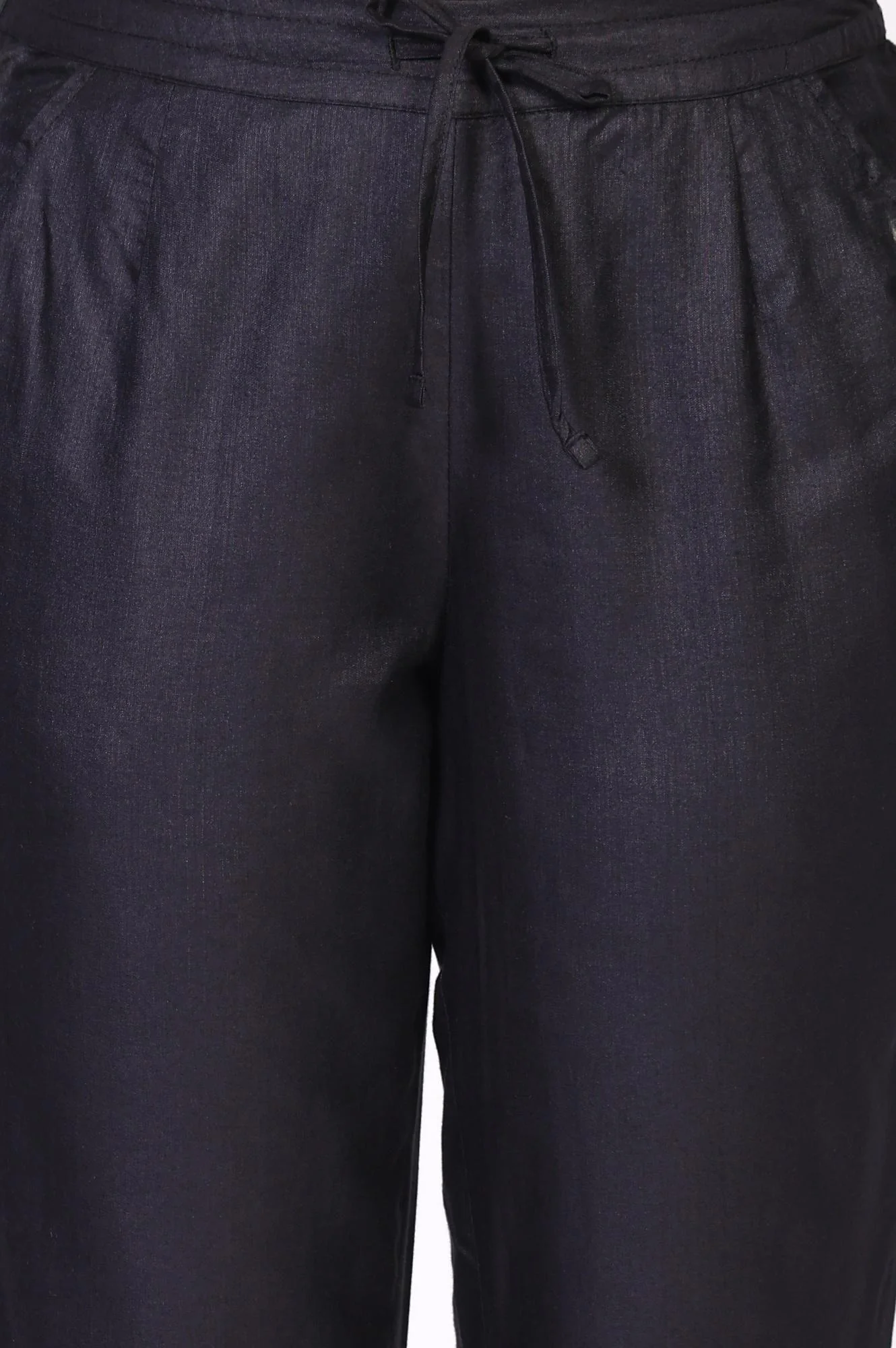 Black Solid Embroidered Straight Silk Pant - Image 5
