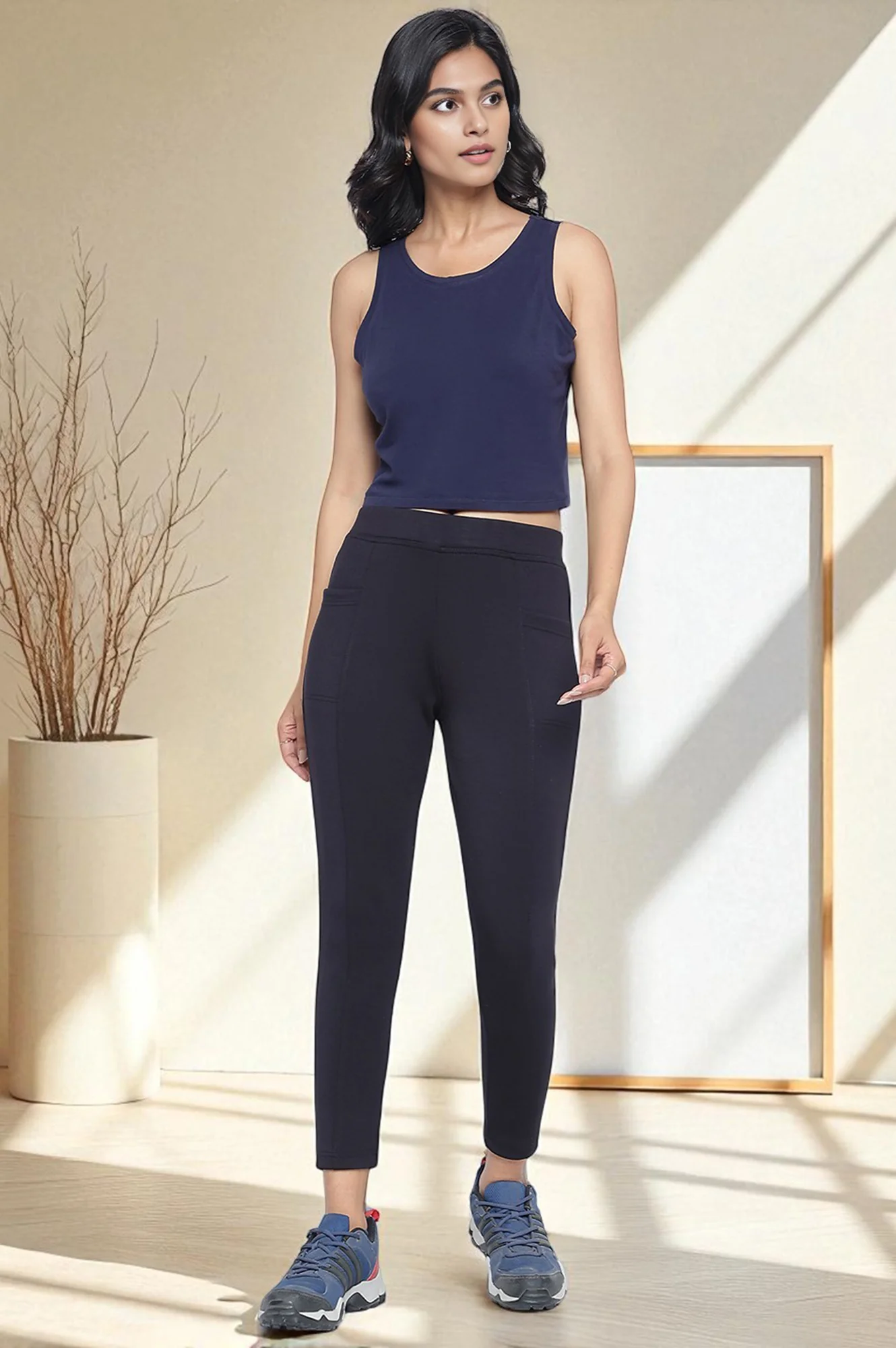 Black Solid Mid Rise Tights in Calf Length - Image 6