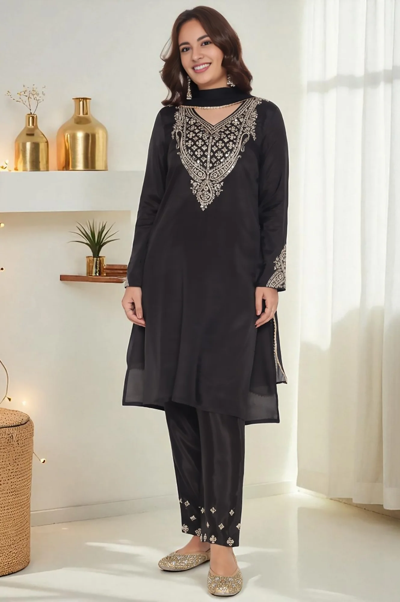 Black Solid Printed Shantung Straight Kurta, Straight Pant and Dupatta Set