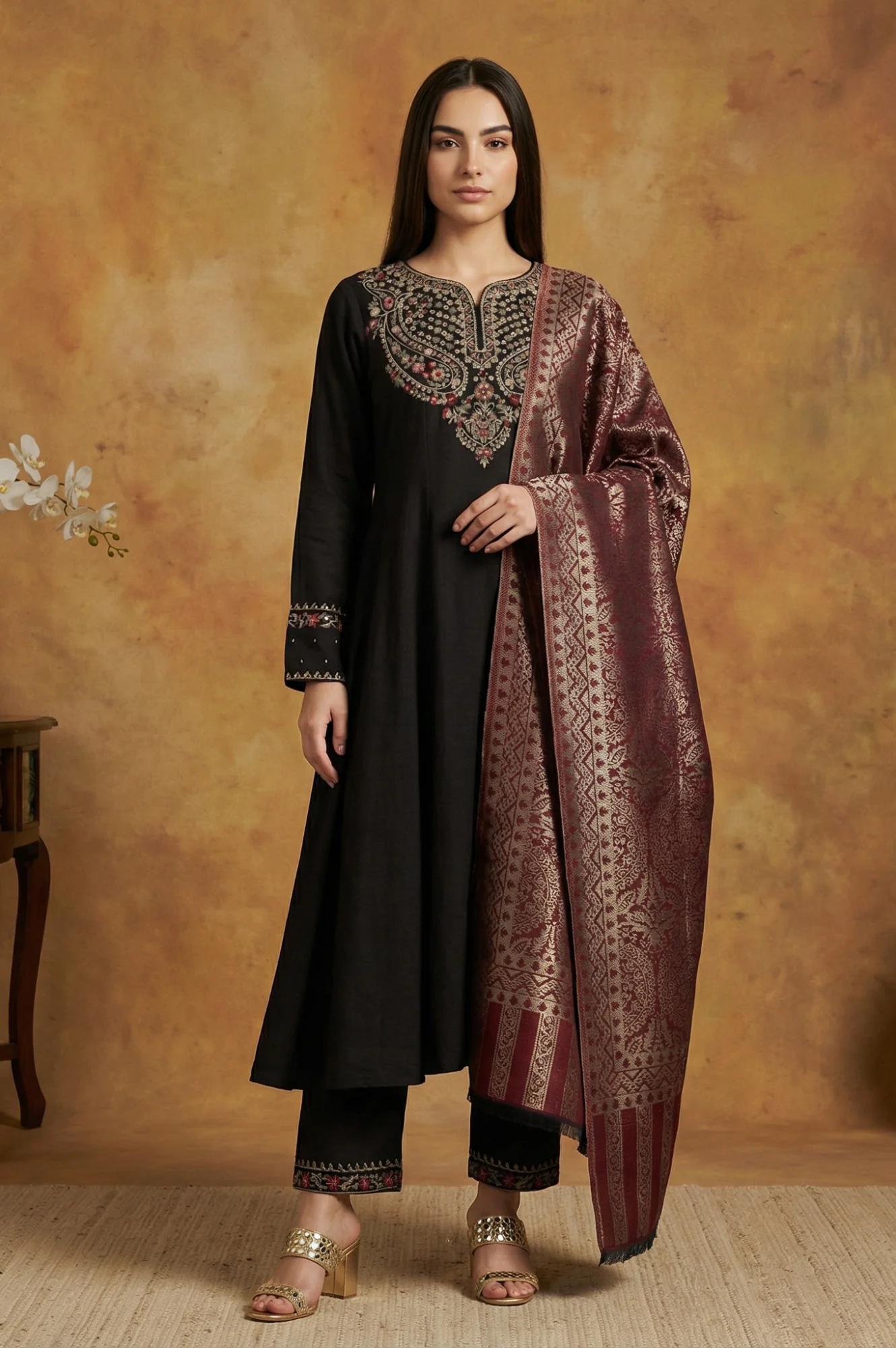 Black Solid Rayon Blend Straight Kurta with Straight Pant and Shawl Set