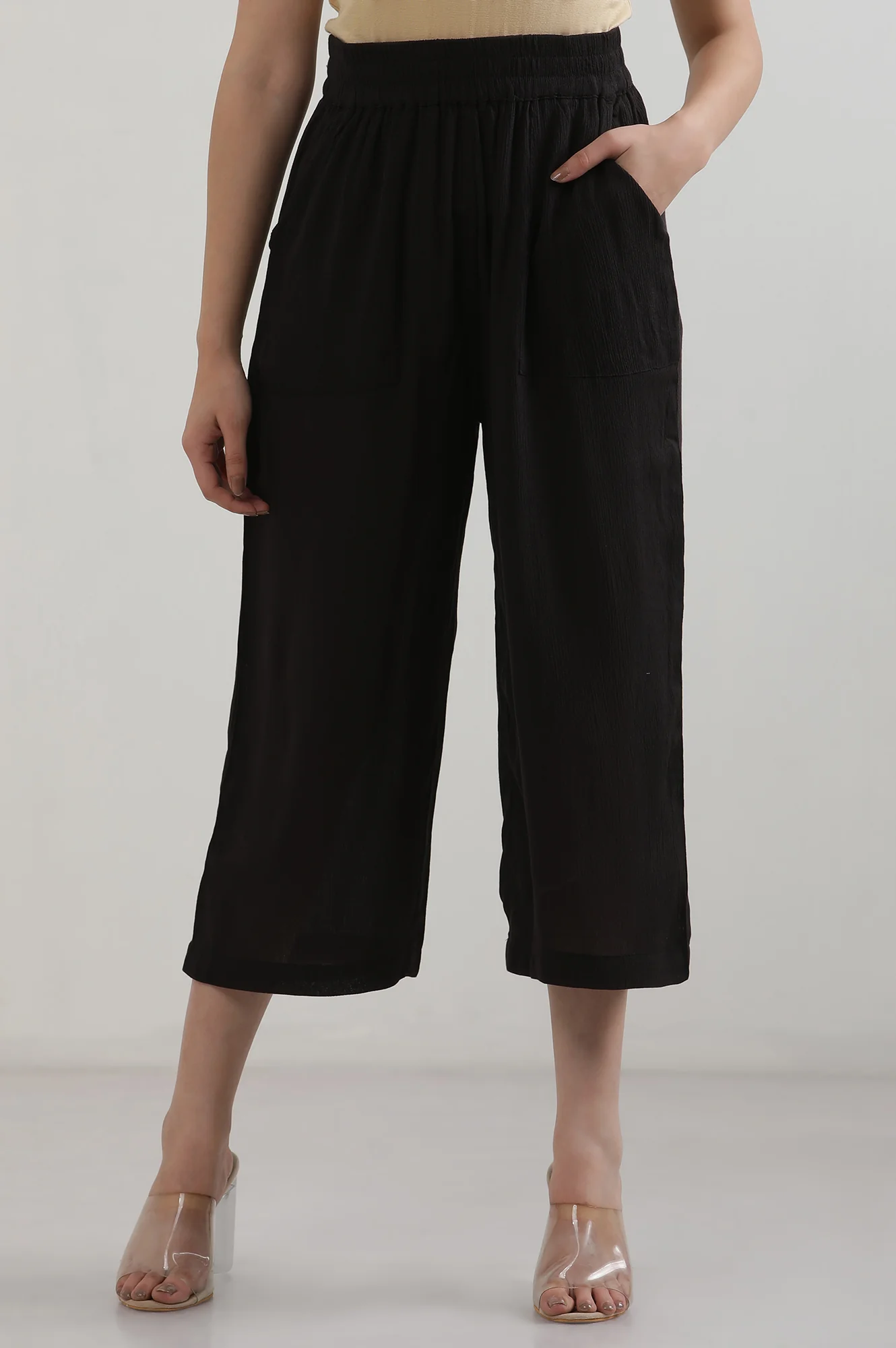 Black Solid Flared Rayon Culottes With Elasticated Waist - Image 2