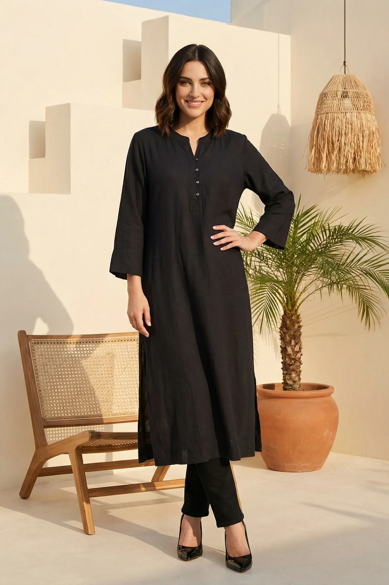 Black Solid Rayon Flax Straight Kurta