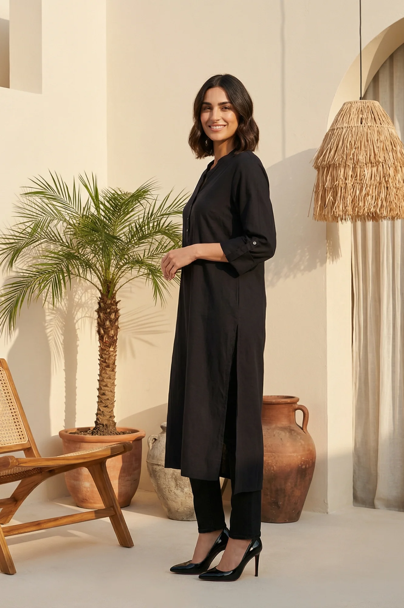 Black Solid Rayon Flax Straight Kurta - Image 3