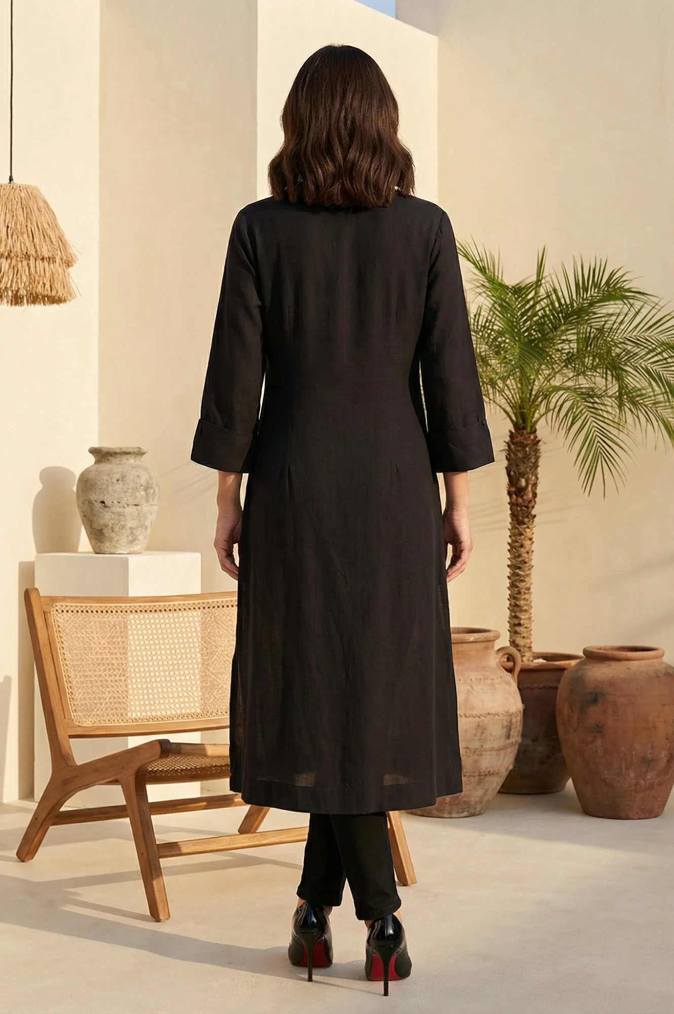 Black Solid Rayon Flax Straight Kurta - Image 4