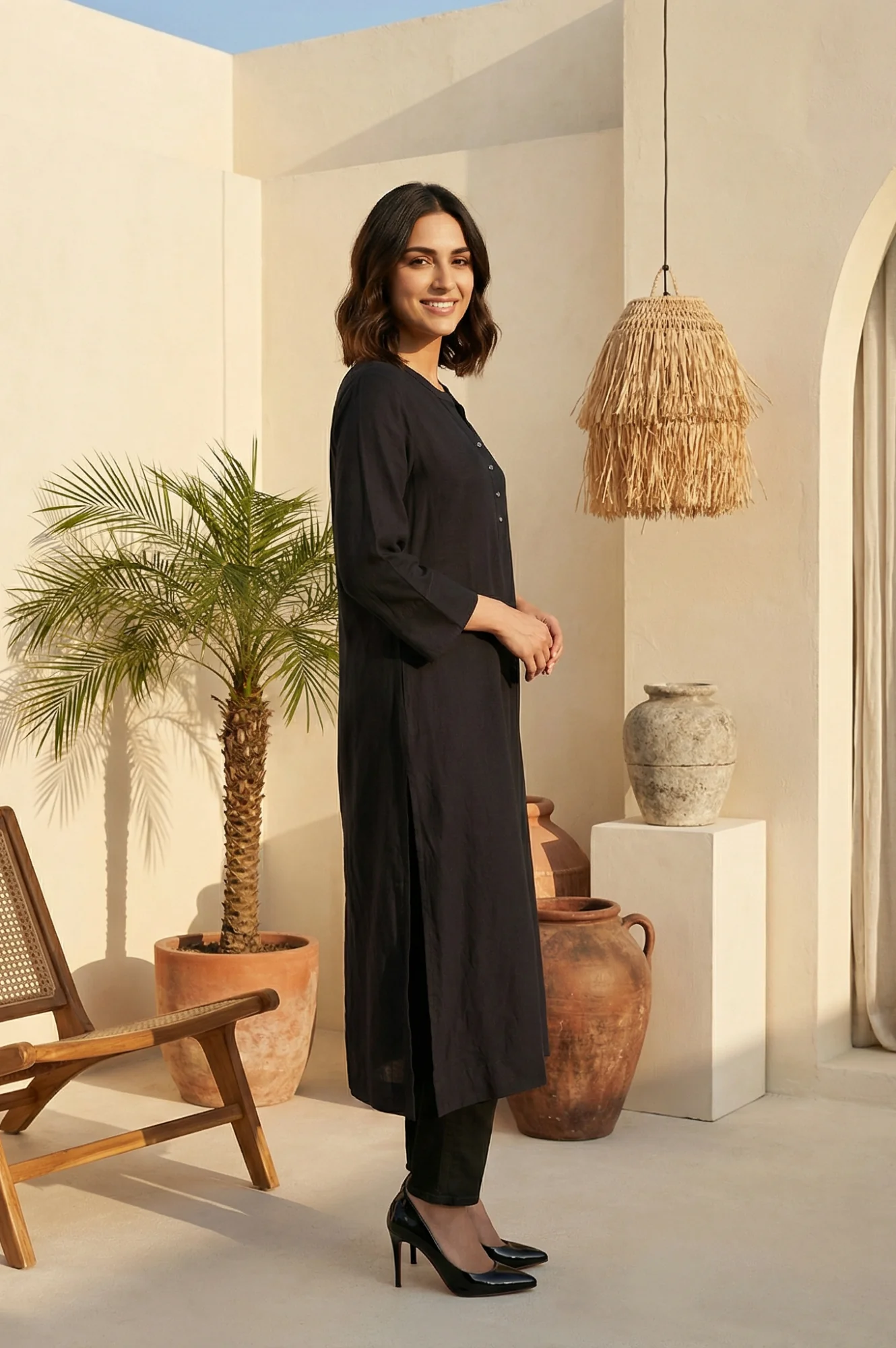 Black Solid Rayon Flax Straight Kurta - Image 5