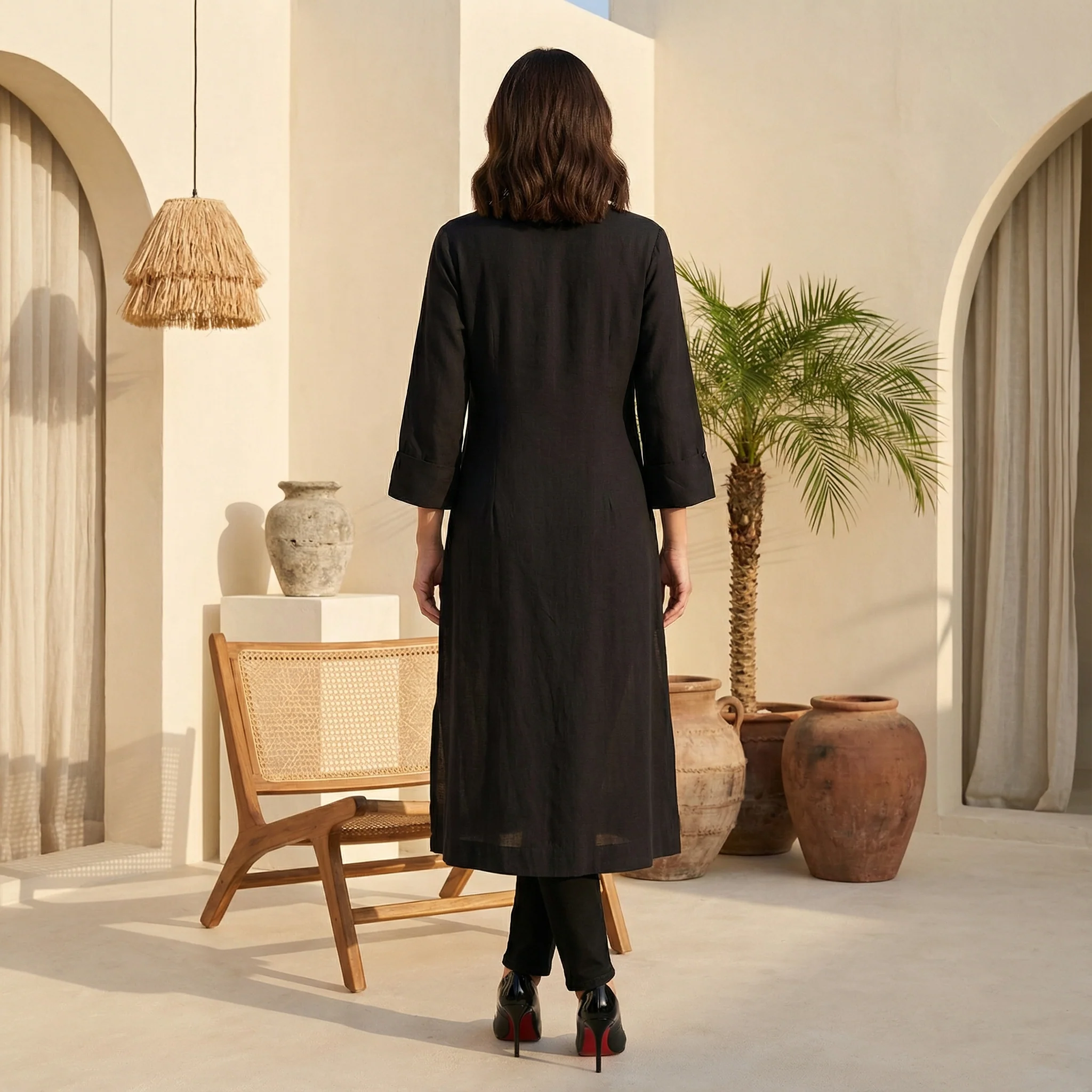 Black Solid Rayon Flax Straight Kurta - Image 8