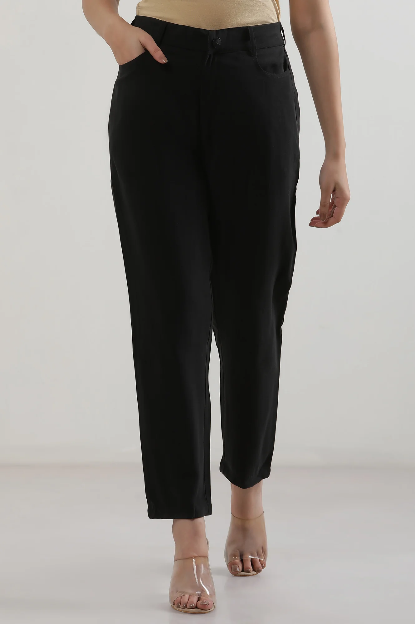 Black Solid Straight Fit Rayon Pants With Button Closure - Image 2