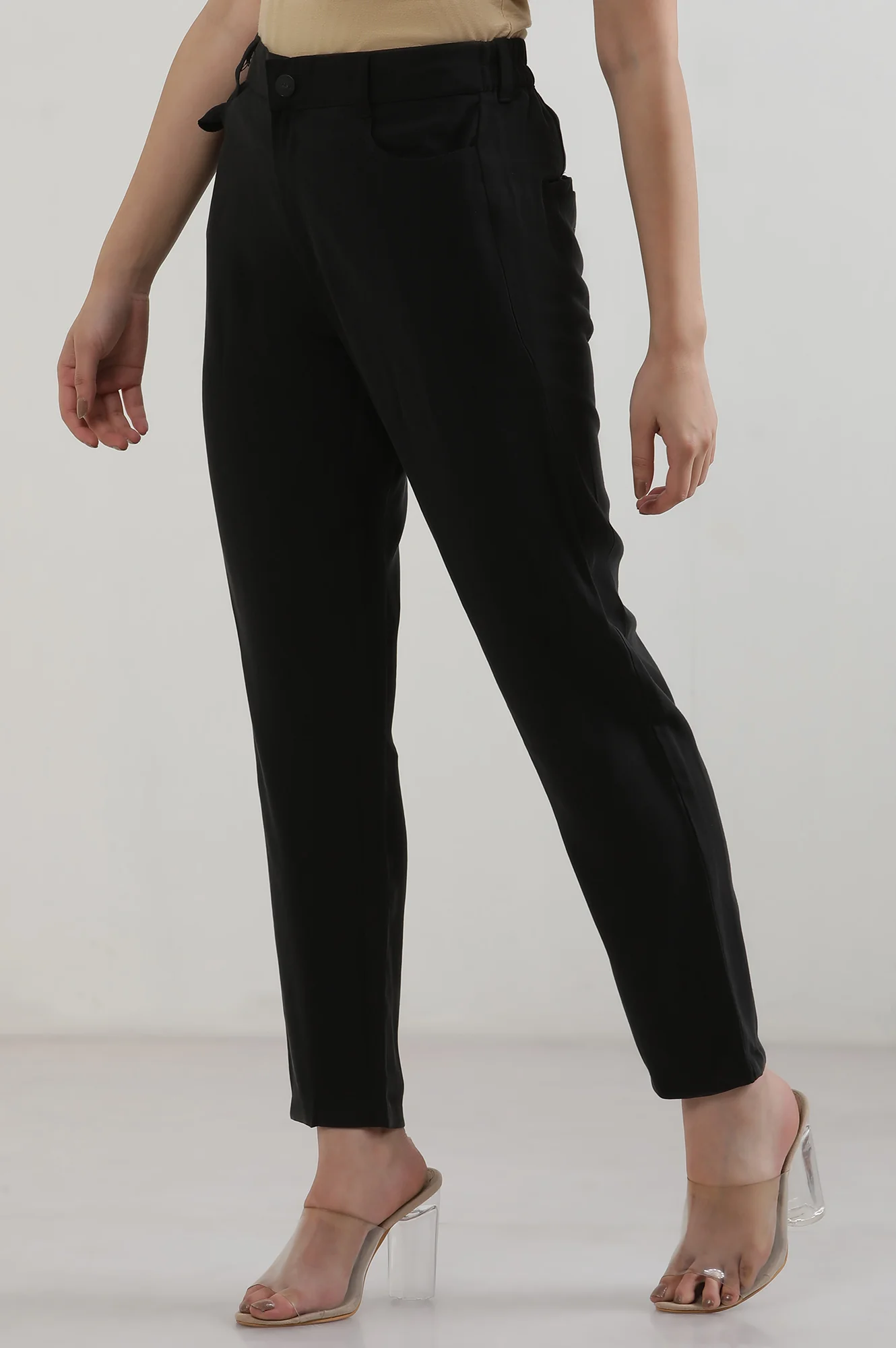 Black Solid Straight Fit Rayon Pants With Button Closure - Image 3