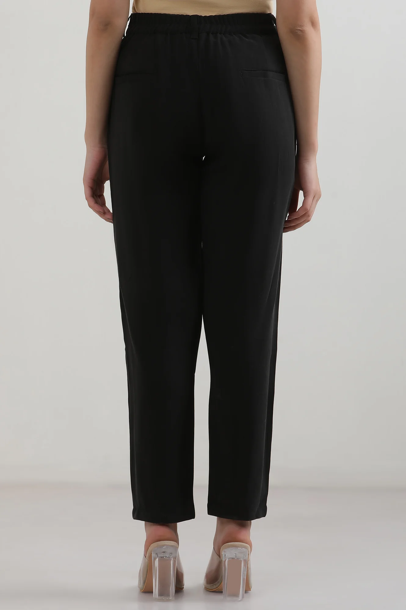 Black Solid Straight Fit Rayon Pants With Button Closure - Image 4