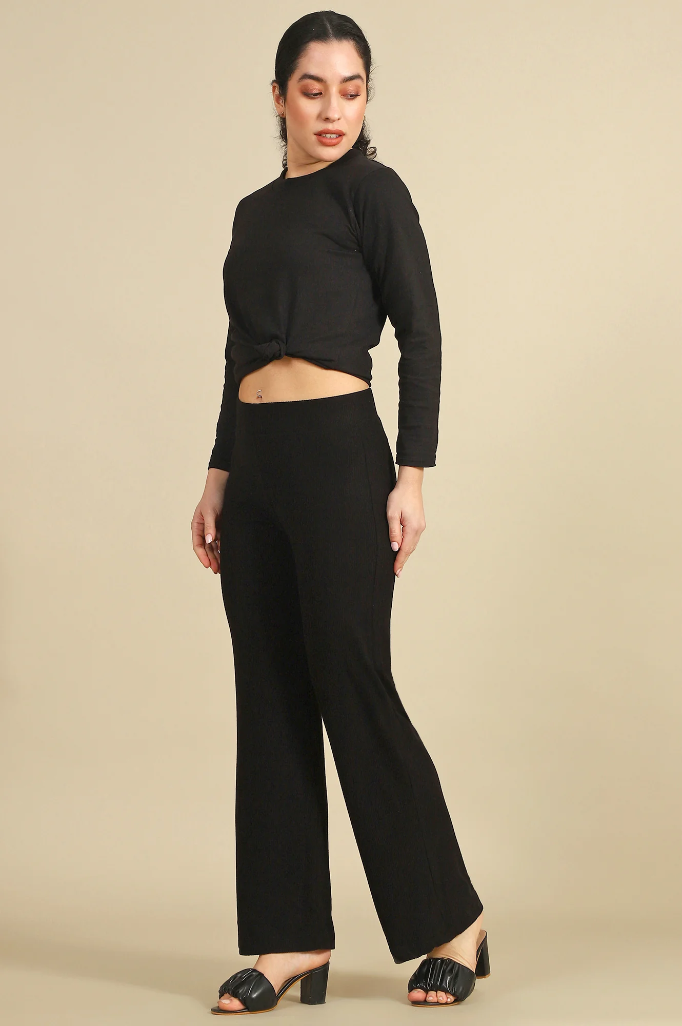 Black Solid Straight Fit Pants With Slip On Closure