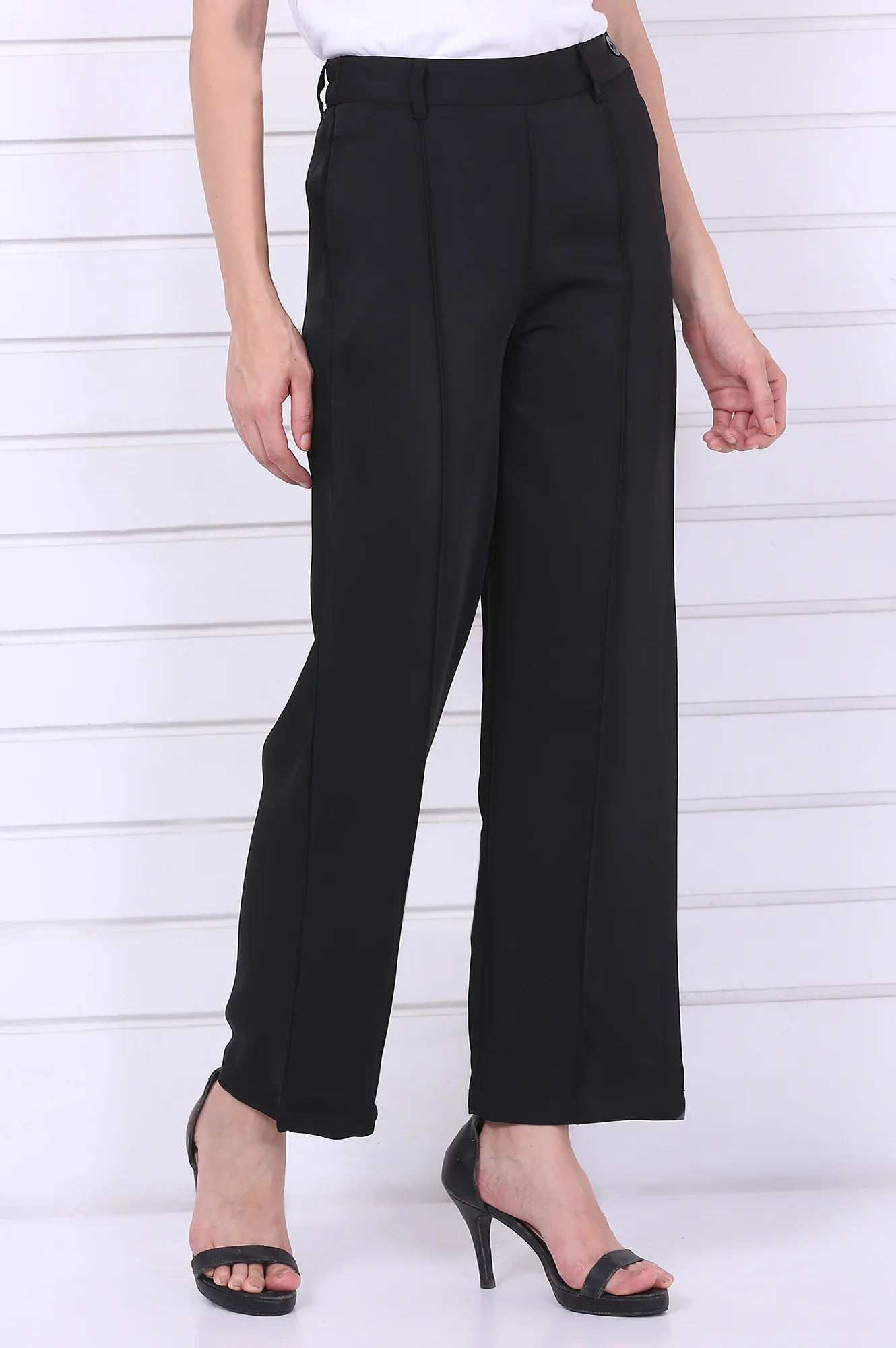 Black Solid Straight Parallel Pants with YKK Zipper - Image 5
