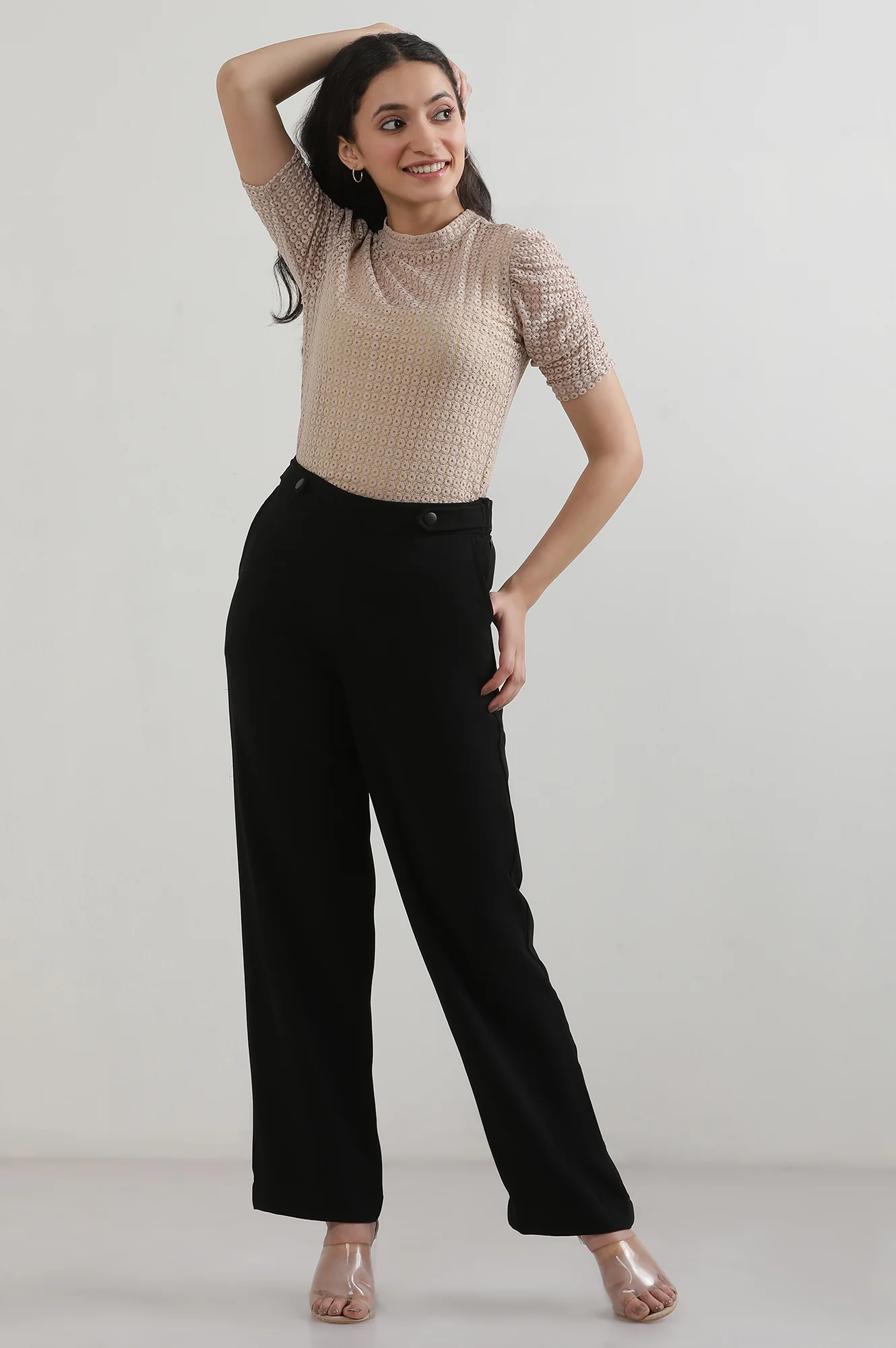 Black Solid Straight Fit Woven Pants With Zipper Closure - Image 2