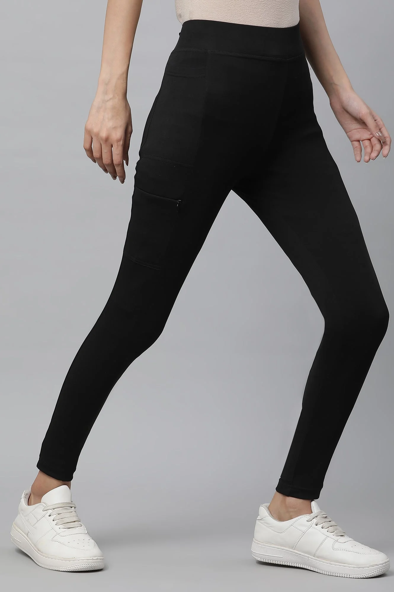 Black Solid Skinny Fit Tights With Elasticated Waist - Image 4