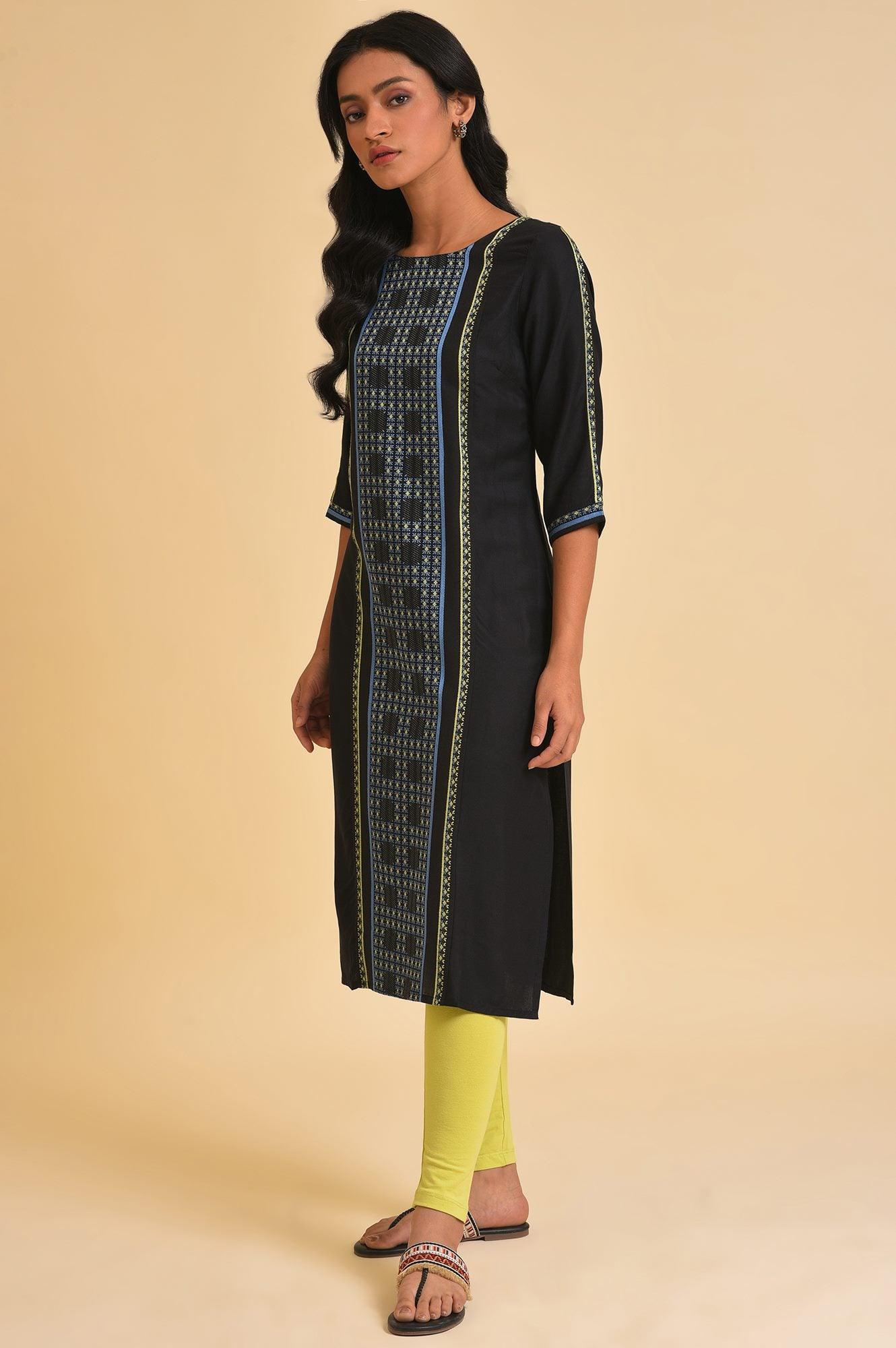 Black Straight kurta With Printed Central Panel - Image 3