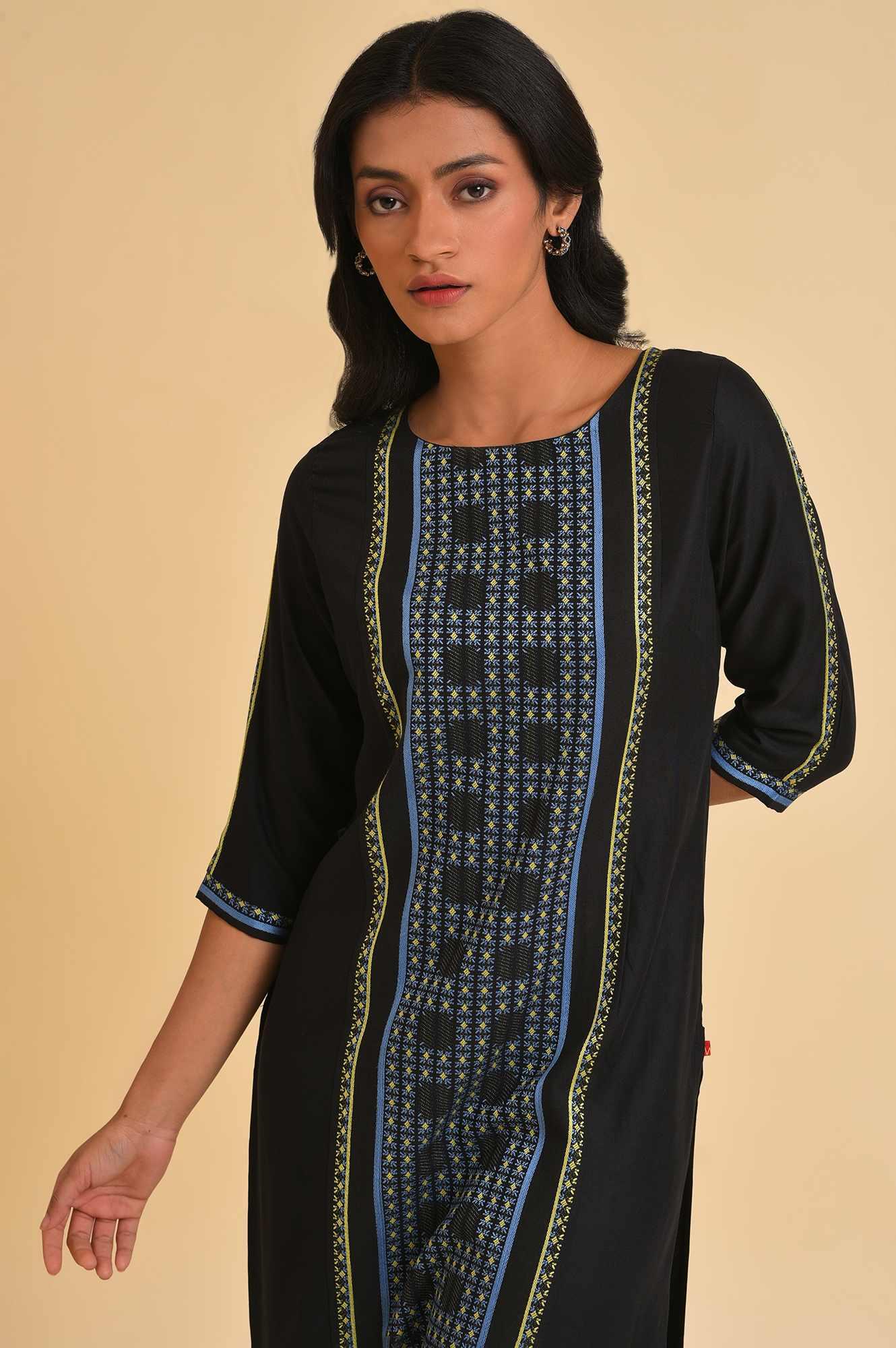 Black Straight kurta With Printed Central Panel - Image 5