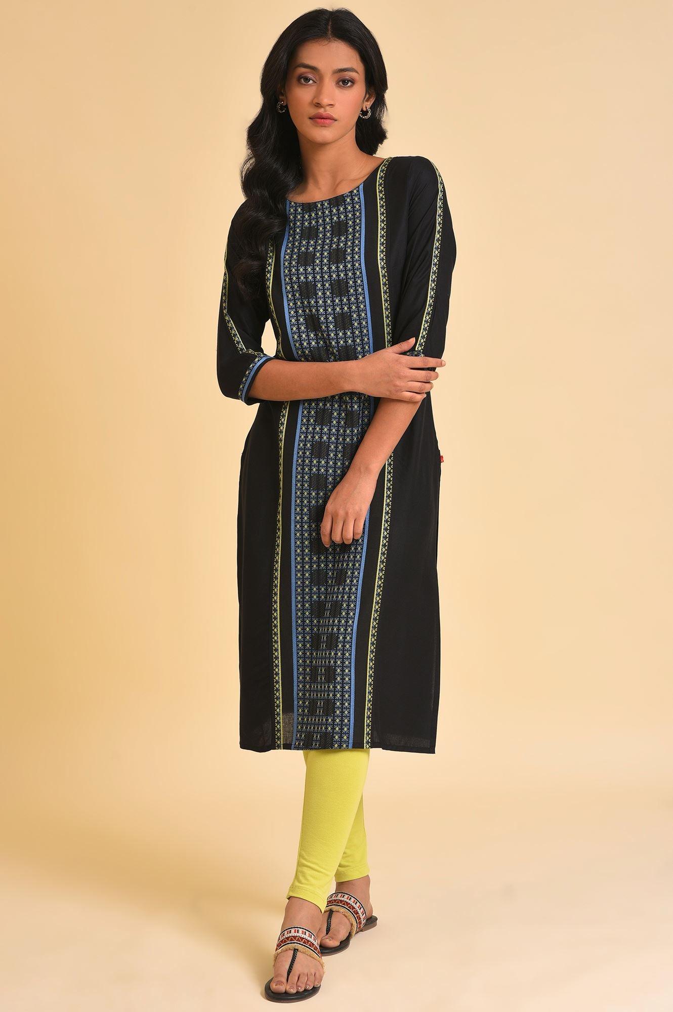 Black Straight kurta With Printed Central Panel - Image 6