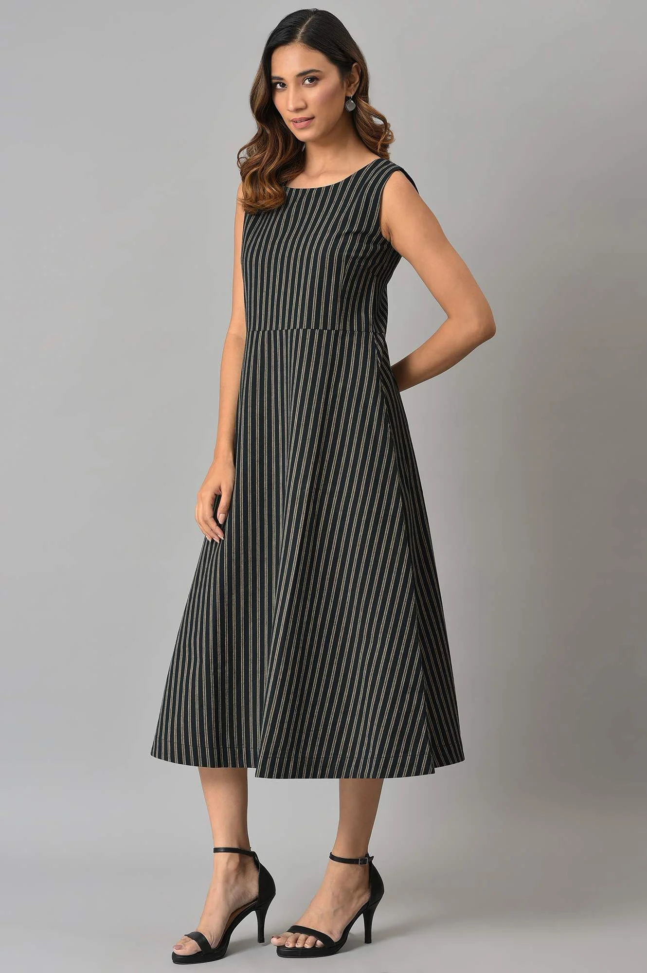 Black Striped Long Sleeveless Dress - Image 3