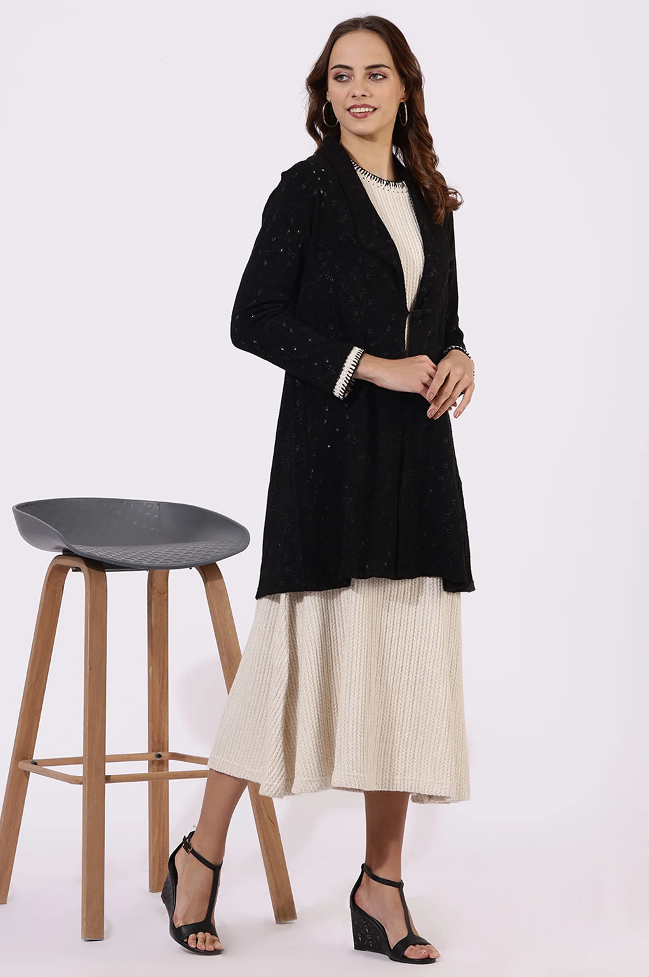 Black Thread Embroidered Chenille Schifflie Straight Shrug - Image 6