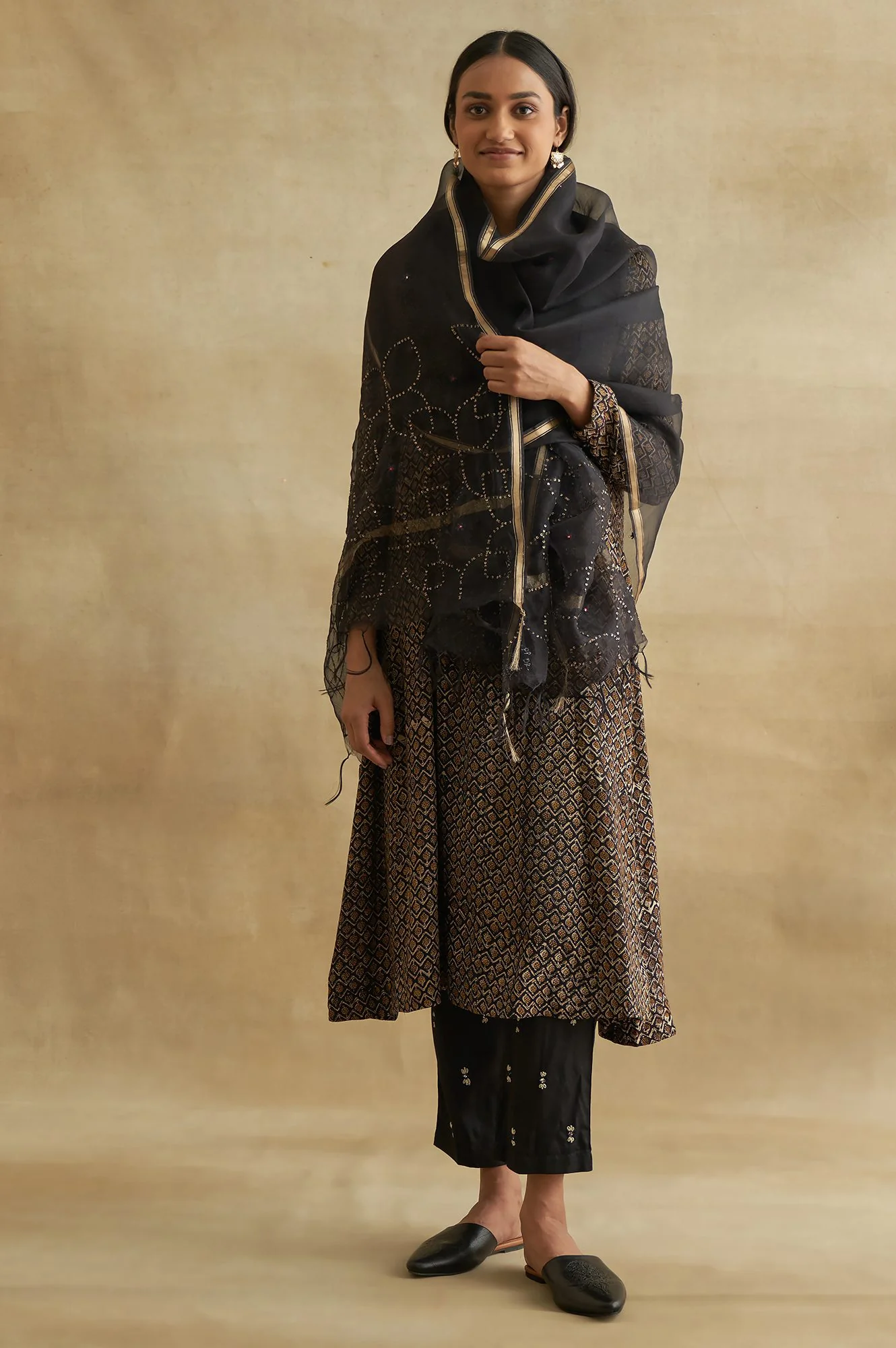 Black Thread Embroidered Silk Tussar Straight Pants - Image 5