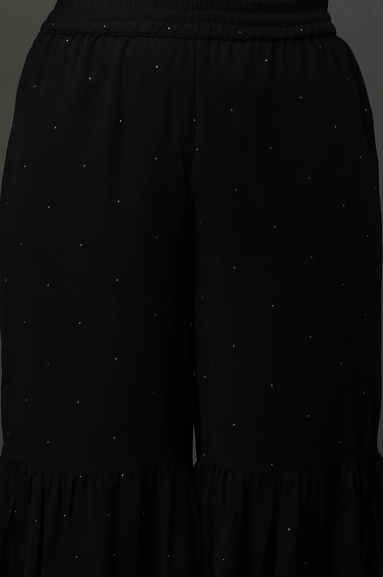 Black Polka Dots Printed Flared Georgette Sharara With Elasticated Waist - Image 6