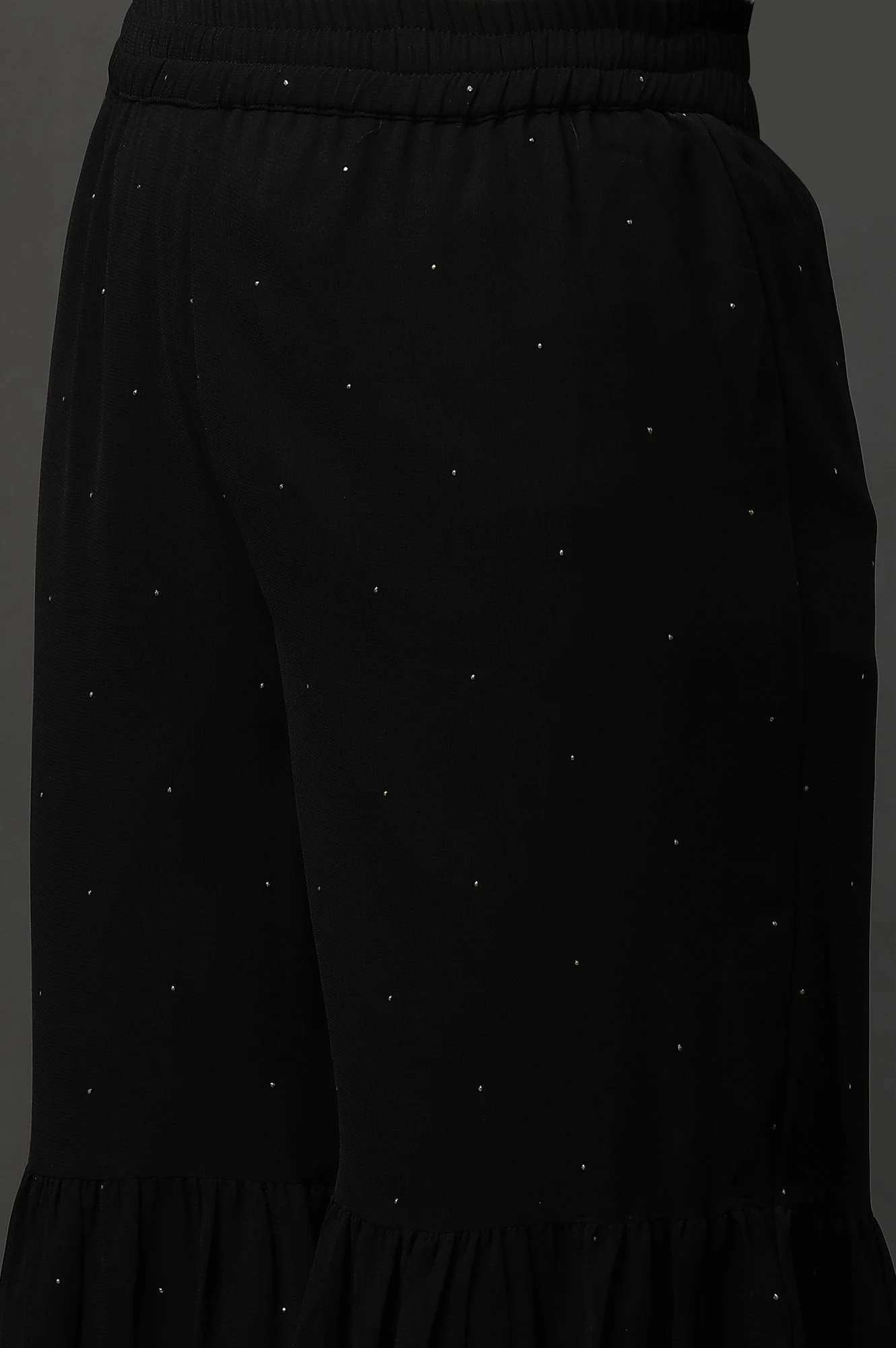 Black Polka Dots Printed Flared Georgette Sharara With Elasticated Waist - Image 7