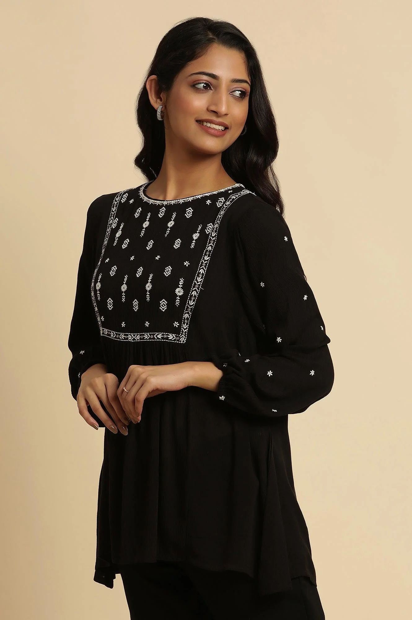 Black Top With Ivory Embroidered Yoke - Image 2