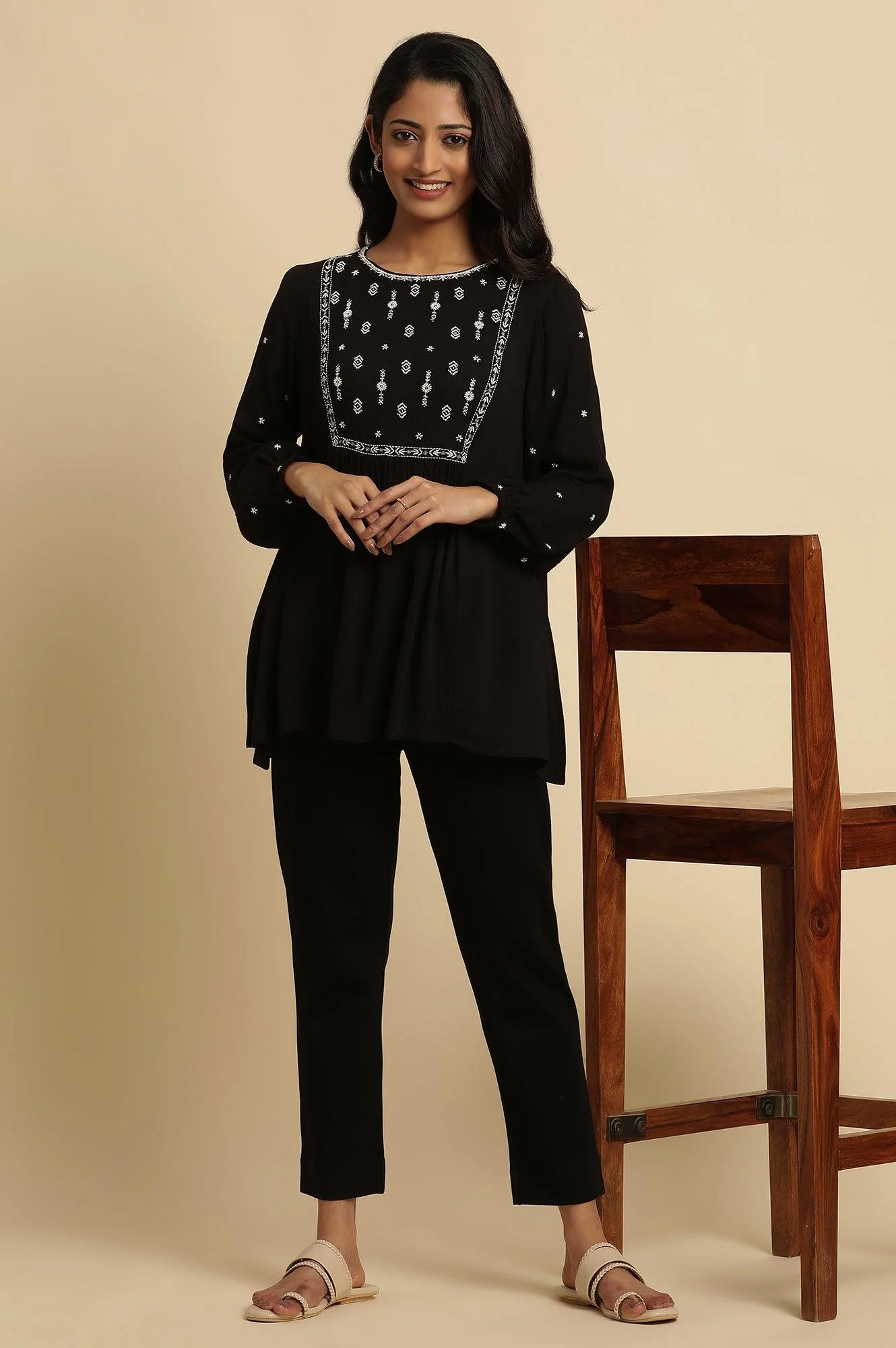 Black Top With Ivory Embroidered Yoke - Image 5