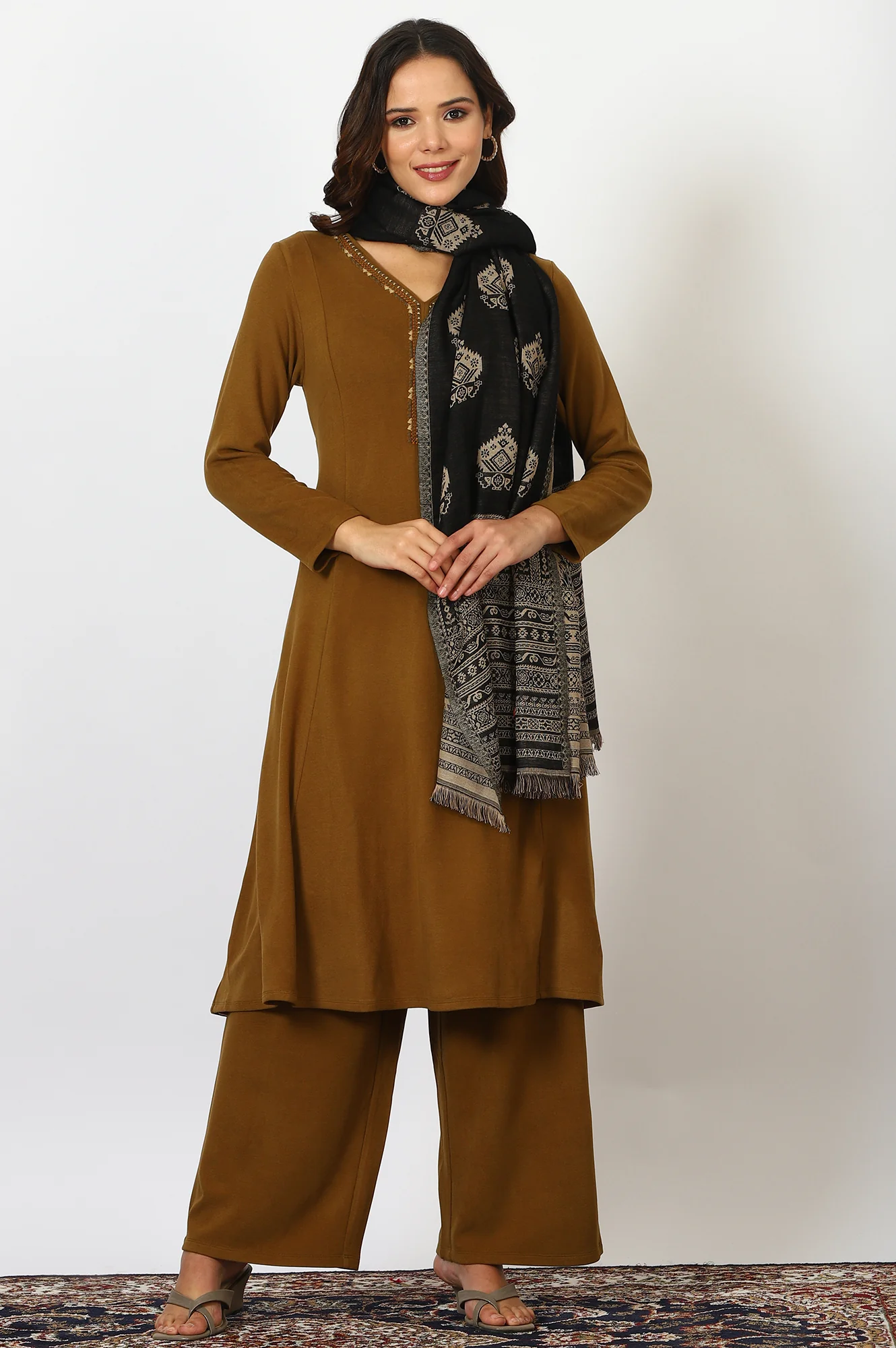 Black Yarn Dyed Cotton Blend Shawls & Stole - Image 2